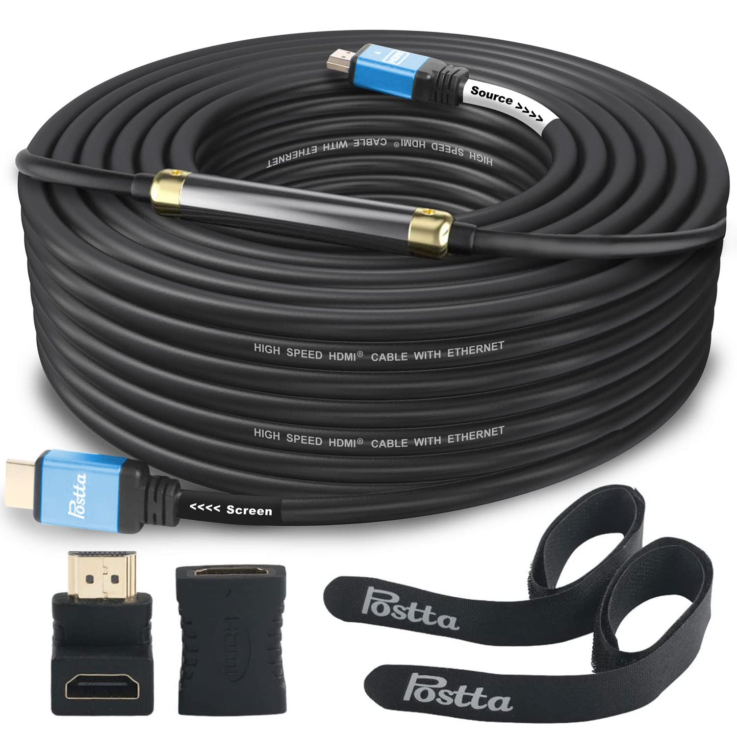 Postta HDMI Cable 75 Feet with Built-in Signal Booster HDMI 2.0V Cable with 2 Piece Cable Ties+2 Piece HDMI Adapters Support 3D,1080P,Ethernet,Audio