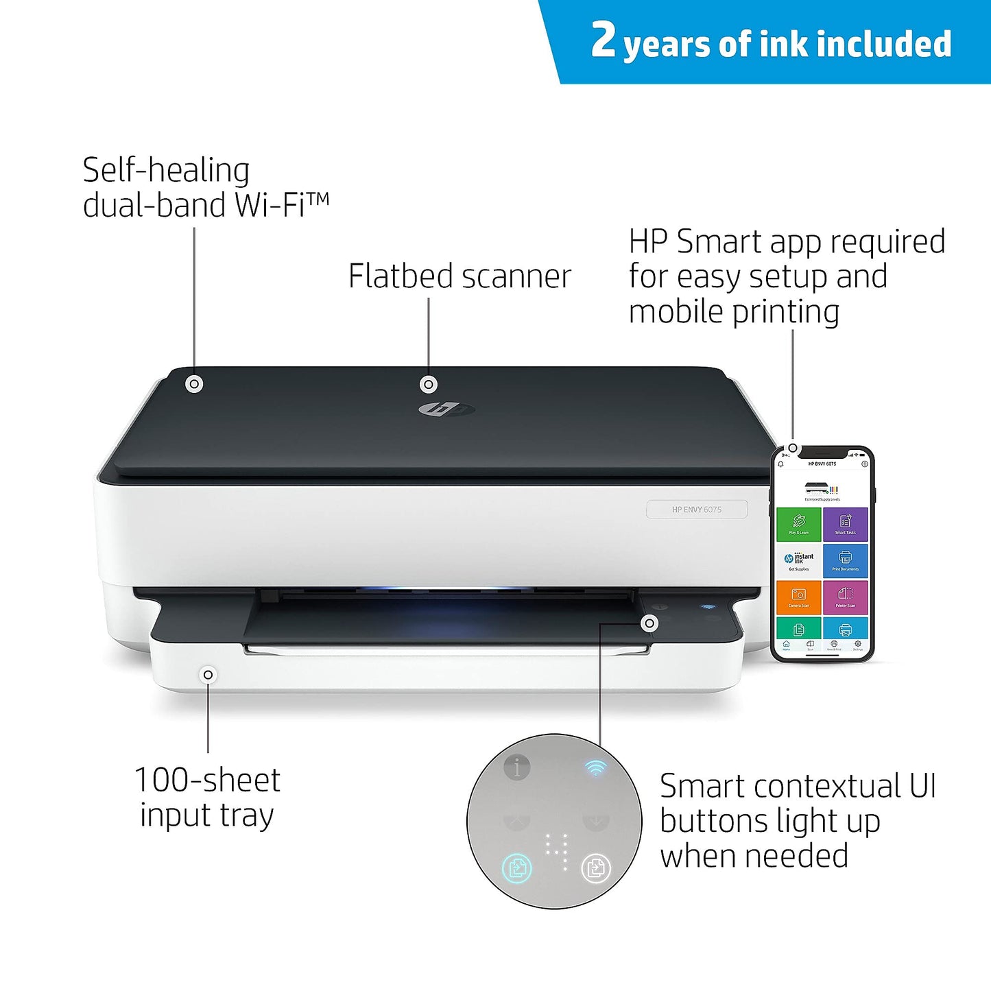 HP Envy 6075 Wireless All-in-One Printer, Includes 2 Years of Ink Delivered, Mobile Print, Scan & Copy (8QQ97A)