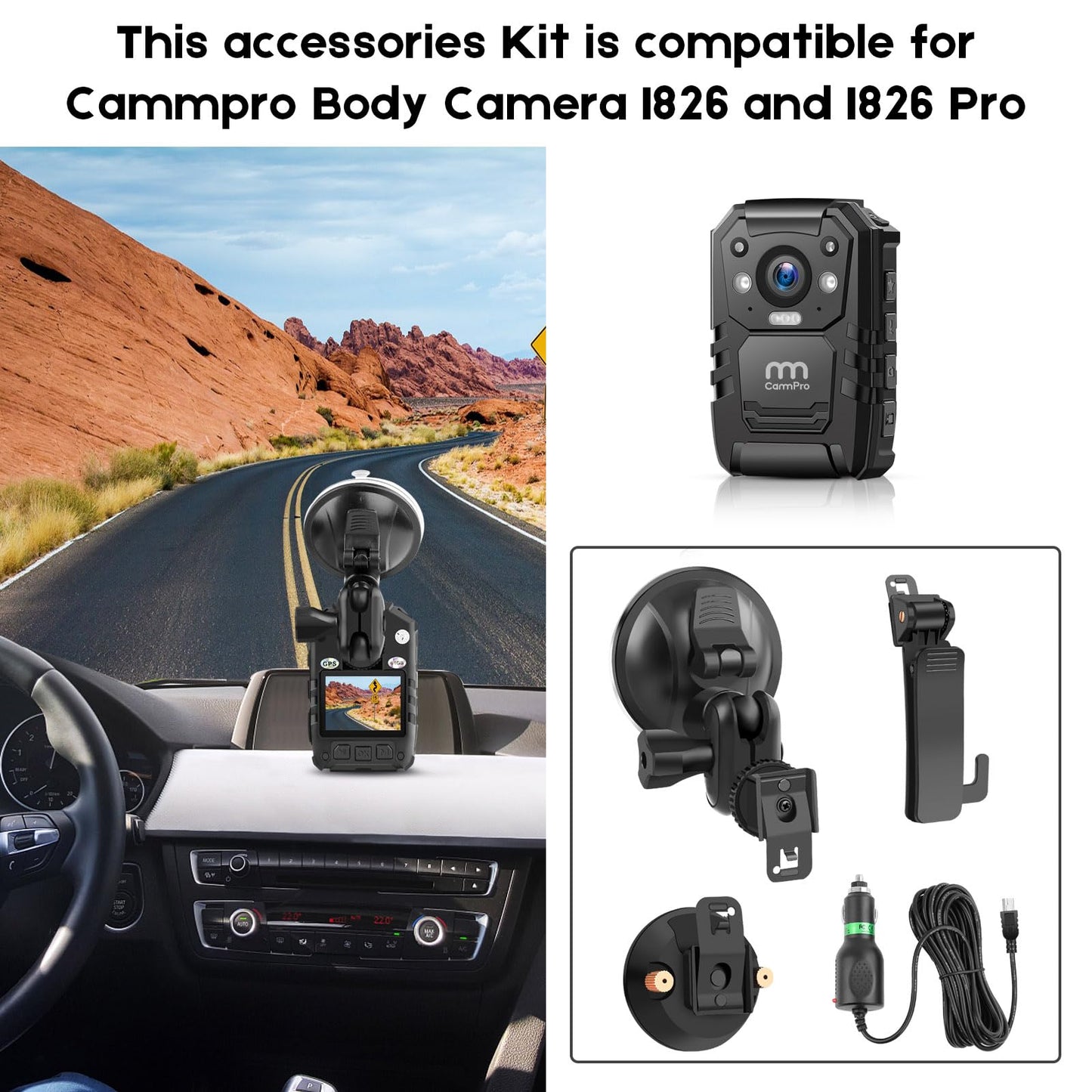 CammPro Body Worn Camera Accessories Bundle Kit for Body Camera I826, Screw Clip+Car Charger+Suction Cup Mount+Shoulder Clip