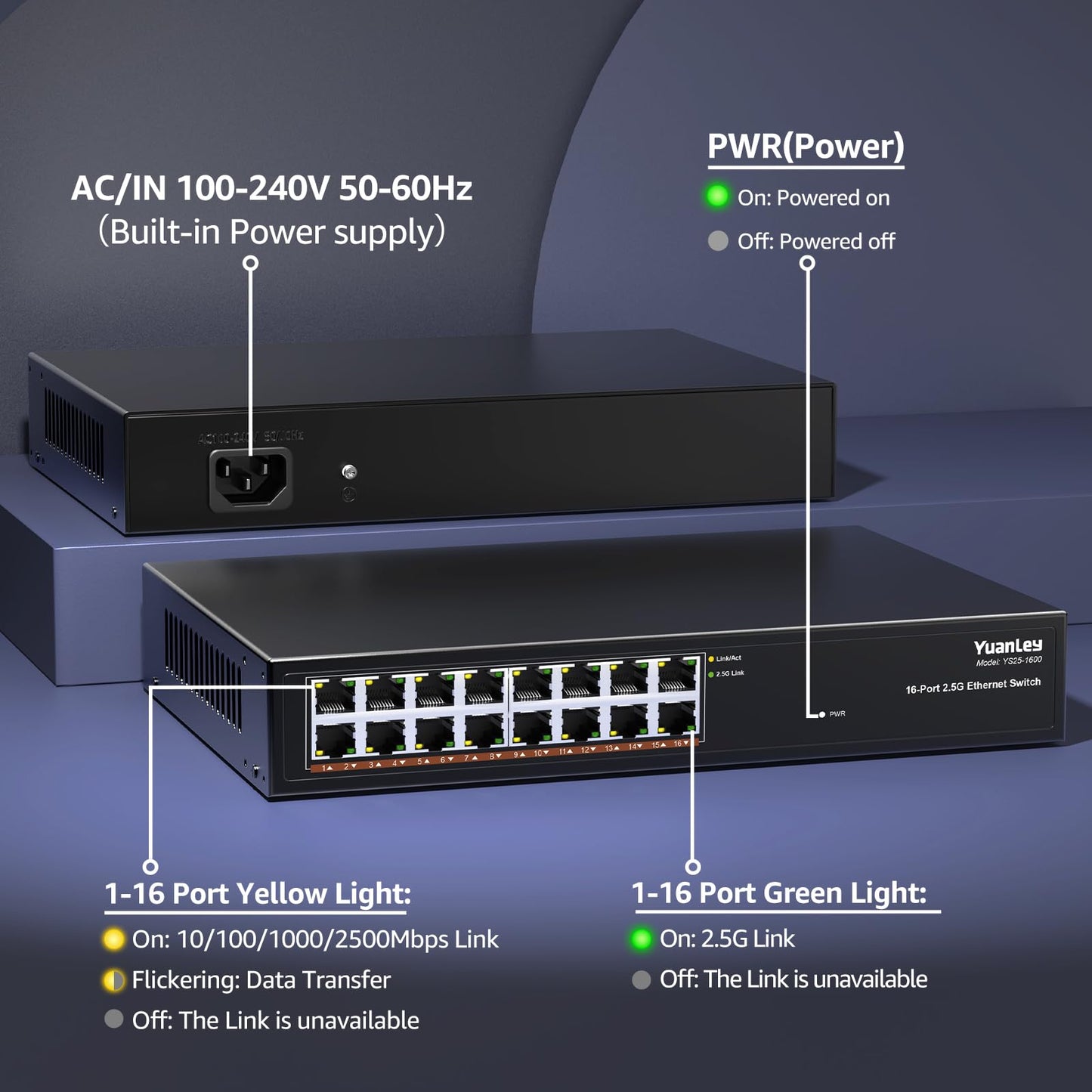 YuanLey 16 Port 2.5GB Unmanaged Ethernet Switch, 16 x 2.5G Base-T Ports, Compatible with 100/1000/2500Mbps, Metal Fanless, Desktop/Rack Mount YuanLey