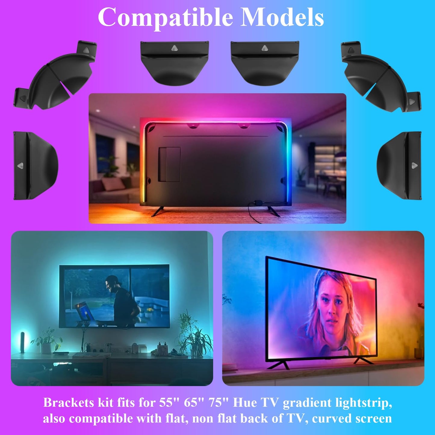 Upgraded Brackets Set Fit for Philips Hue Play Gradient Light Strip, Compatible with 55" 65" 75" Hue TV Lightstrip, Light Strip Brackets Kit, LED