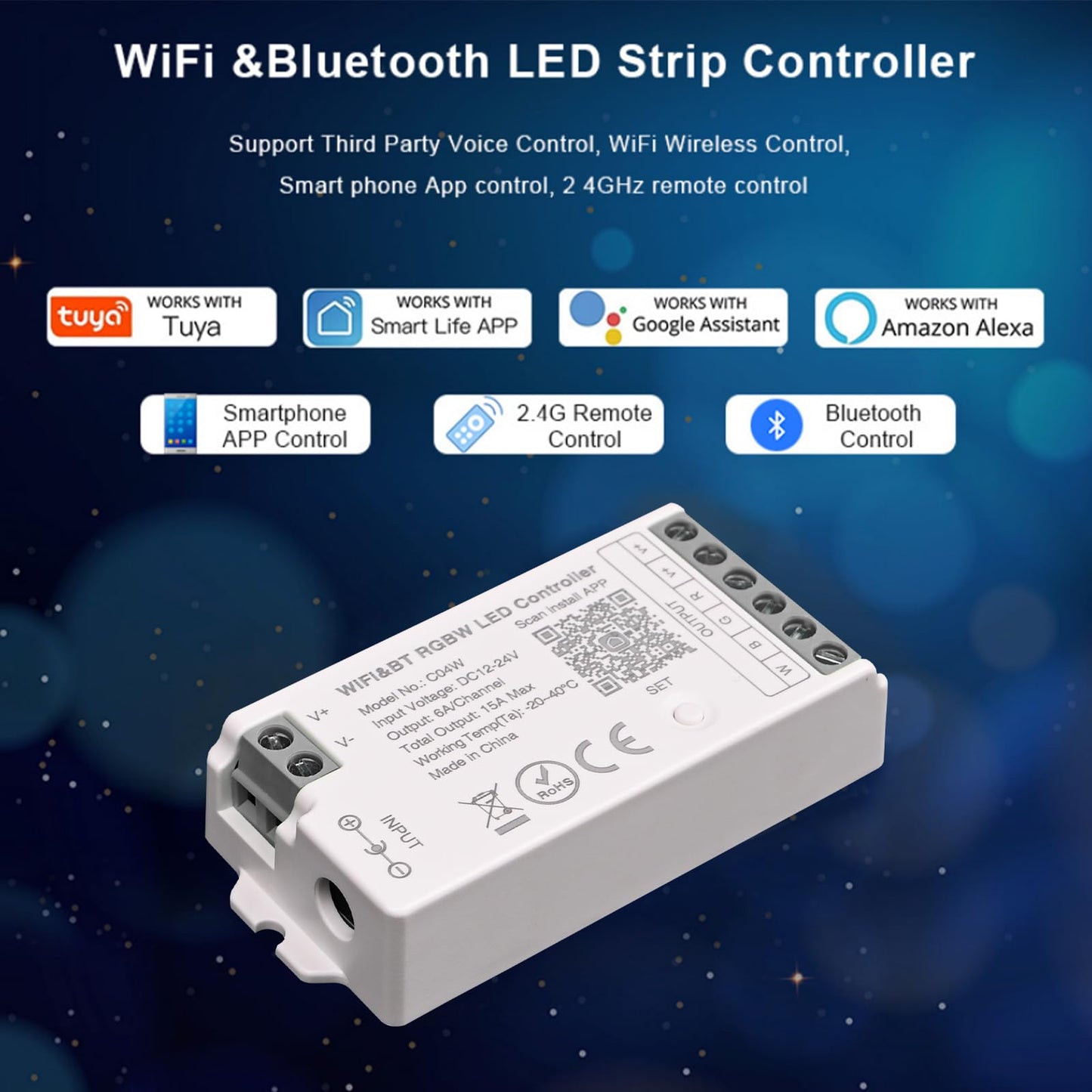 TUNICHX C04W RGBW LED Controller, Tuya WiFi 2.4G RF, 5Pin PWM for SMD FCOB Strip, APP & Voice Control, Compatible with Alexa Google Home, Compatible