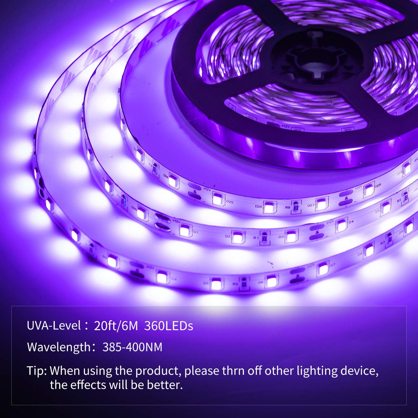 YAYIT 20ft LED Black Light Strip Kit,360 Units,12V Flexible Blacklight Fixtures, 6m LED Ribbon for Indoor Home Bedroom Decoration Fluorescent Dance