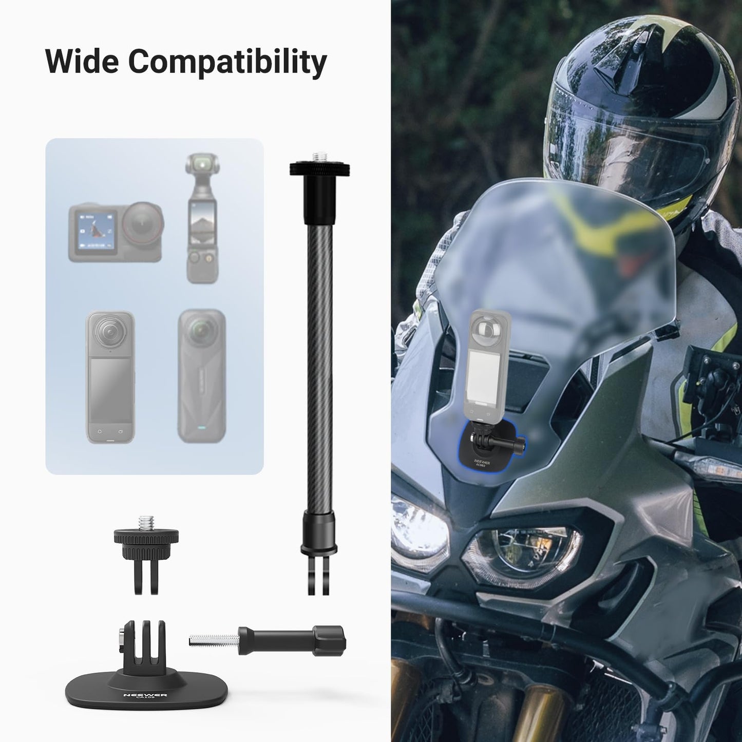 NEEWER Flexible Helmet Mount with Extension Pole Compatible with Insta 360 GoPro DJI, Adhesive Action Camera Holder Base Adapter for POV Video