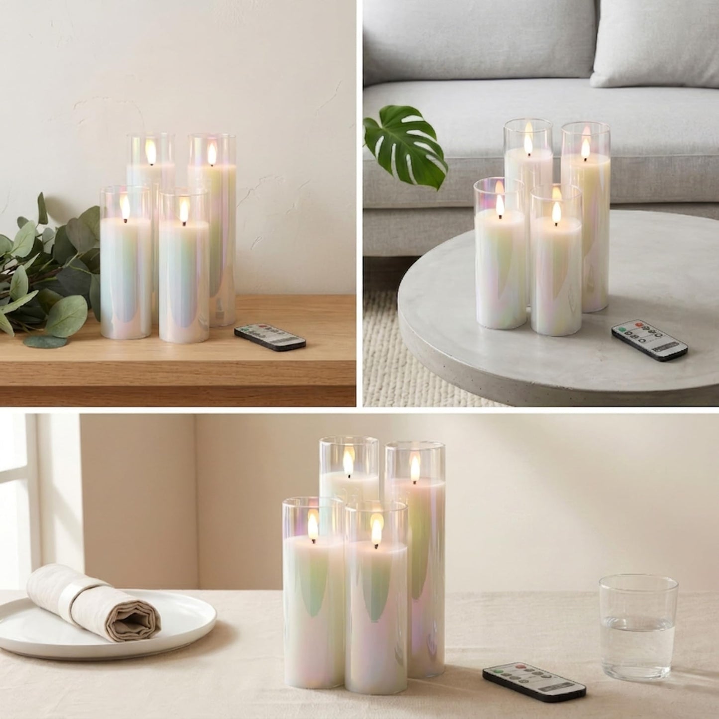 Rhytsing Glass Battery Operated LED Candles, White Slim Flameless Candles with Remote, Warm White Light, 8 Batteries Included - D 2‘’ - Set of 4
