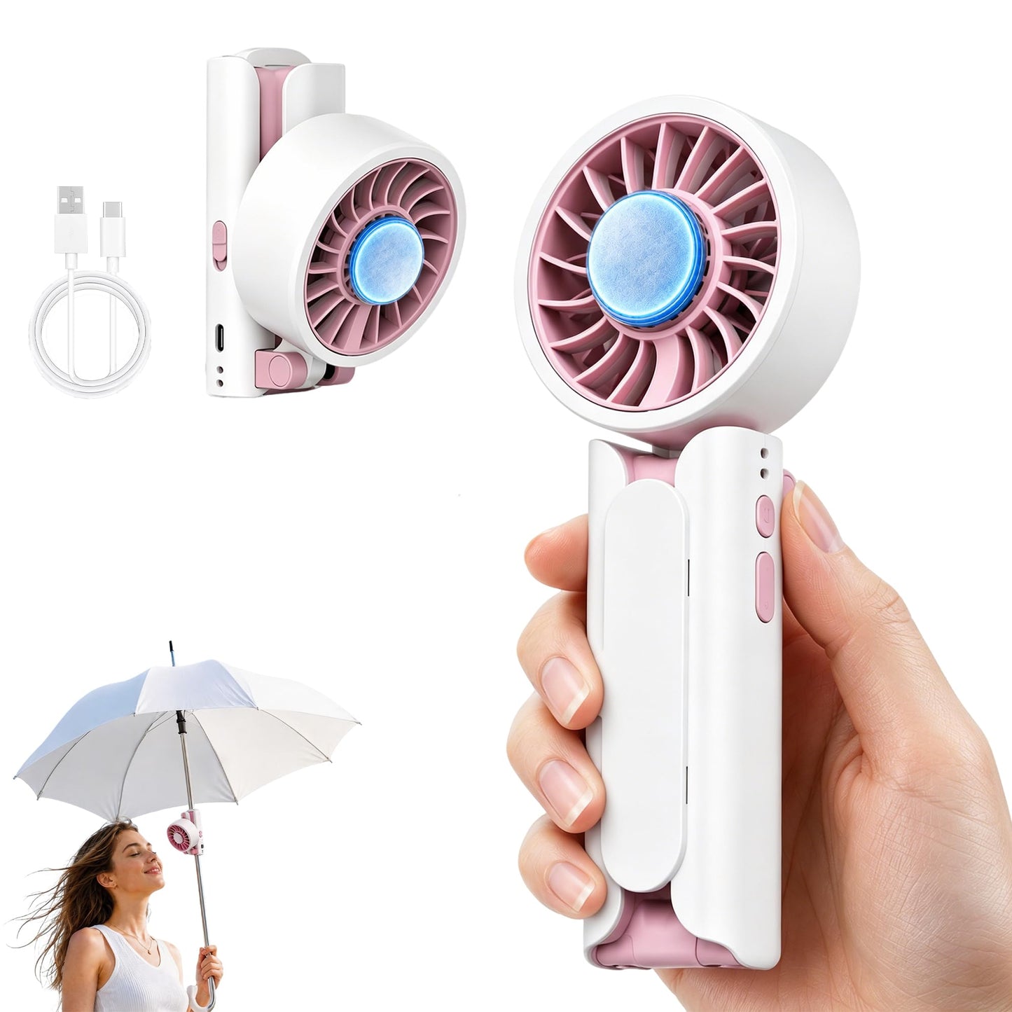 Sovrelon Handheld Portable Fan with Ice Cooling,Ice Cooling Umbrella Clip-on Fan, 5 Speed High-Velocity Rechargeable,USB Powered Fan for Outdoor
