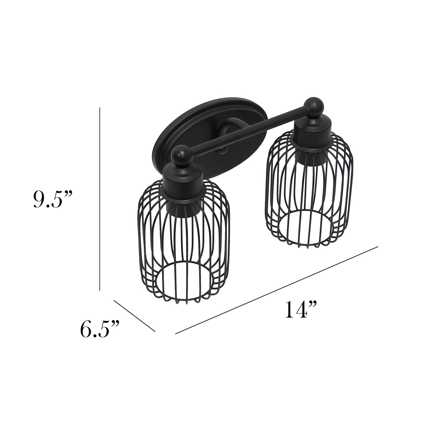 Elegant Designs VT1021-BLK 14" Industrial Farmhouse 2 Light Metal Birdcage Decorative Wall Mounted Vanity Fixture with Matching Metal Oval Backplate