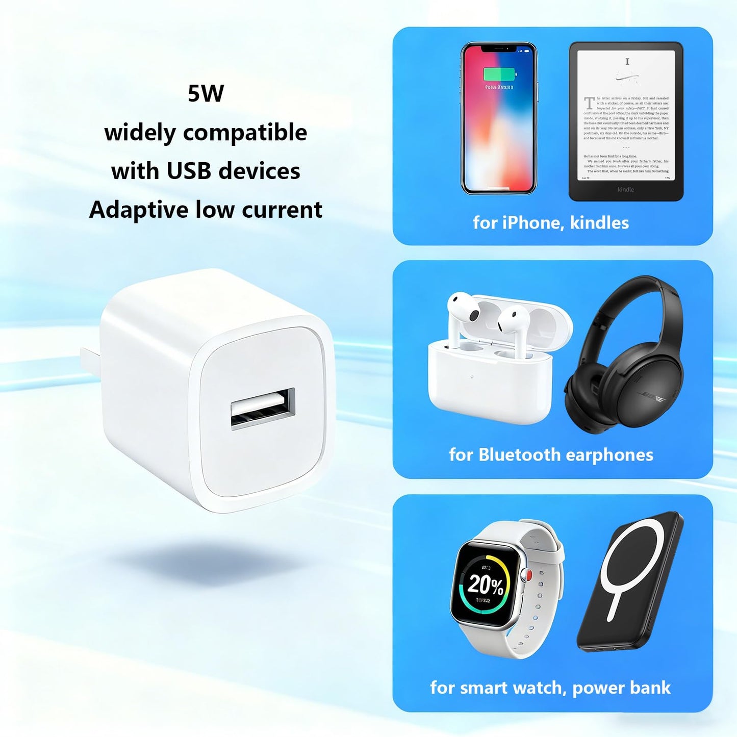 5W iPhone Charger Block for iPhone SE/11/X/XR/XS/8/7/6/5, USB-A Power Adapter Travel Plug Cube for Apple Watch AirPods LG Moto Kindle White 1Pack