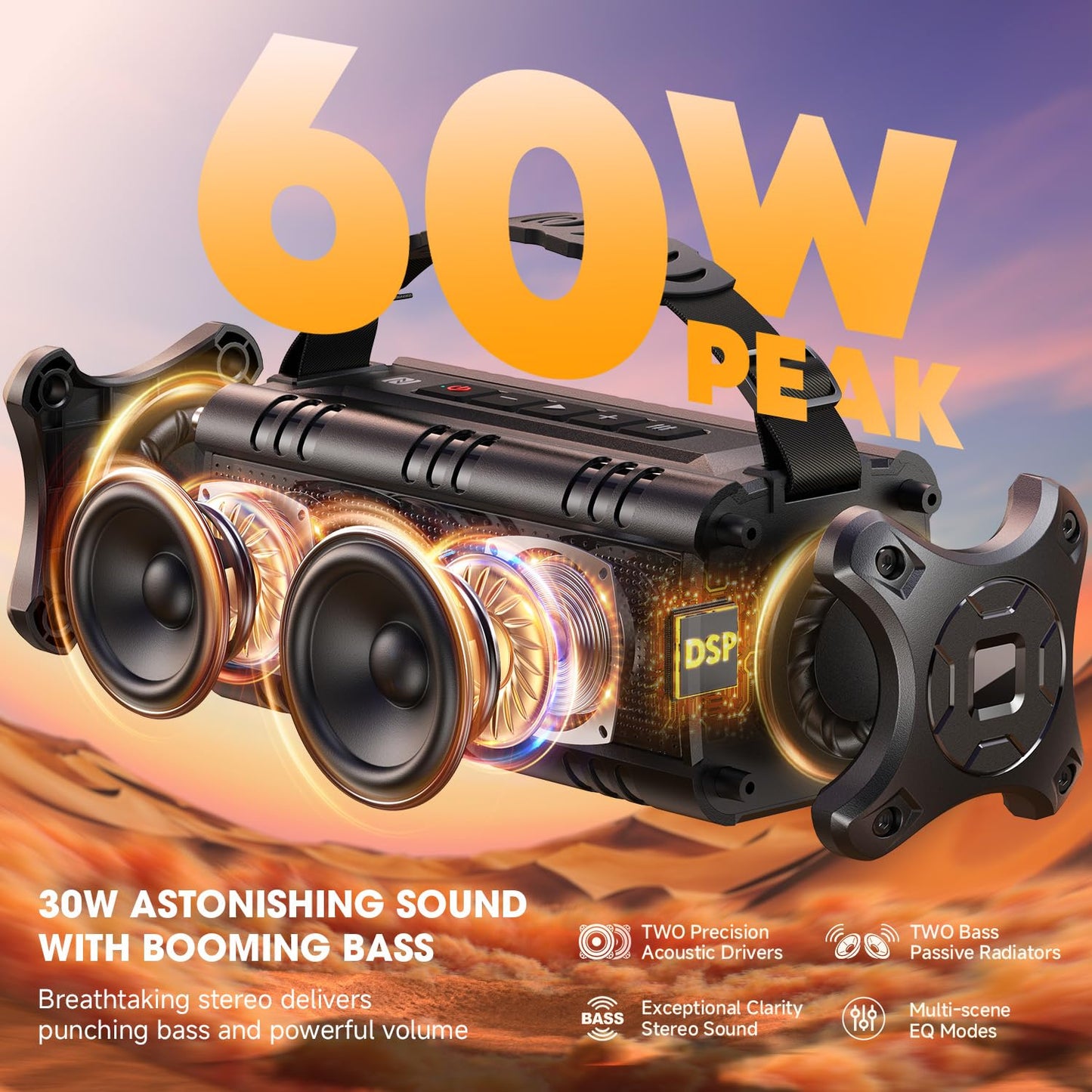 W-KING Portable Bluetooth Speakers Wireless, (60W Peak) 30W RMS IPX6 Waterproof Outdoor Loud Speaker Boombox, 24H, EQ, AUX, TF Card, USB Playback