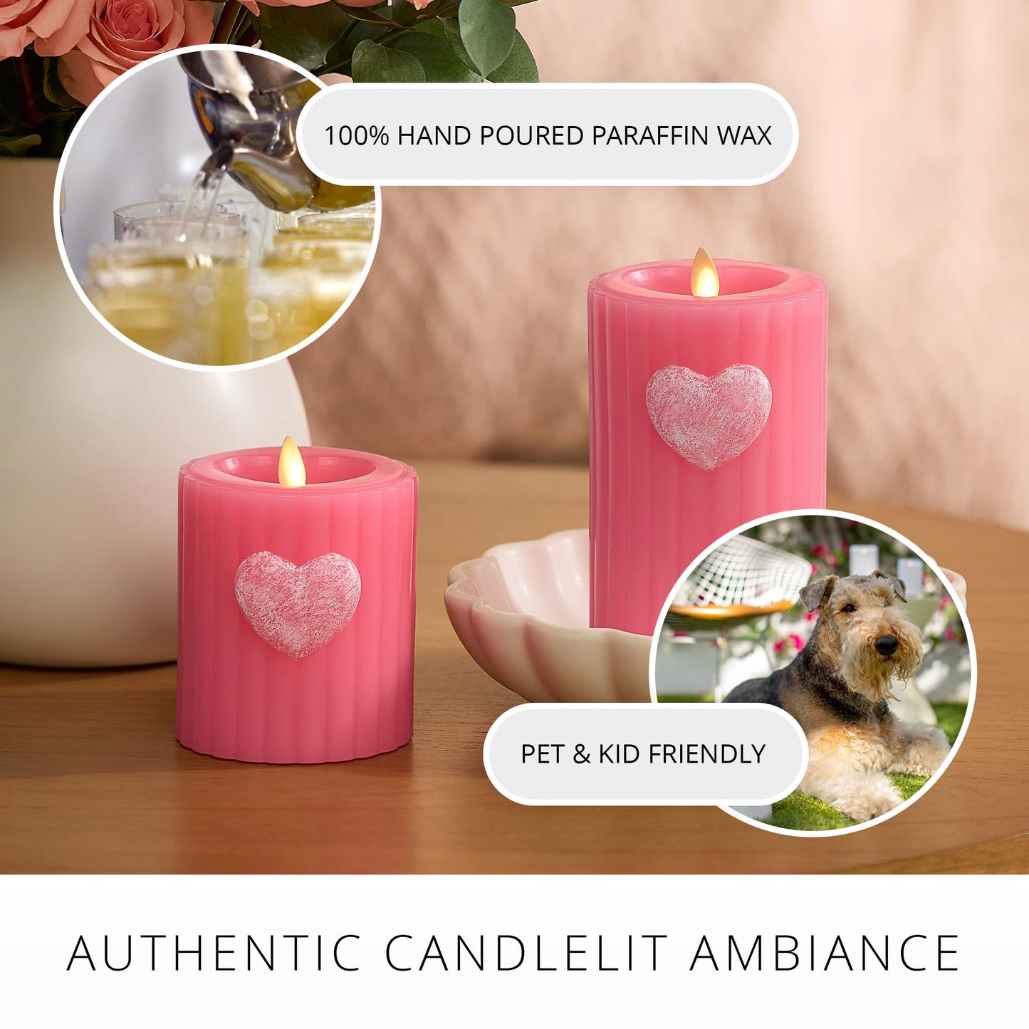 Luminara Flickering Flameless 3.7" x 4.5" Pillar Candle, Battery Operated Remote Ready (Sold Separately) & Timer Function, LED Light, Ribbed Real Pink