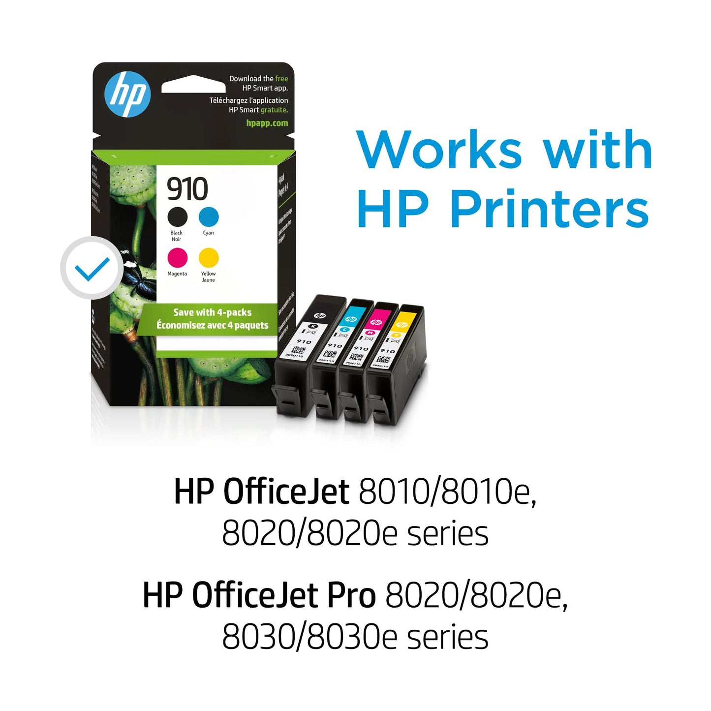HP 910 Black, Cyan, Magenta, Yellow Ink Cartridges (4-Pack) | Works OfficeJet 8010, 8020 Series, OfficeJet Pro 8020, 8030 Series | Eligible