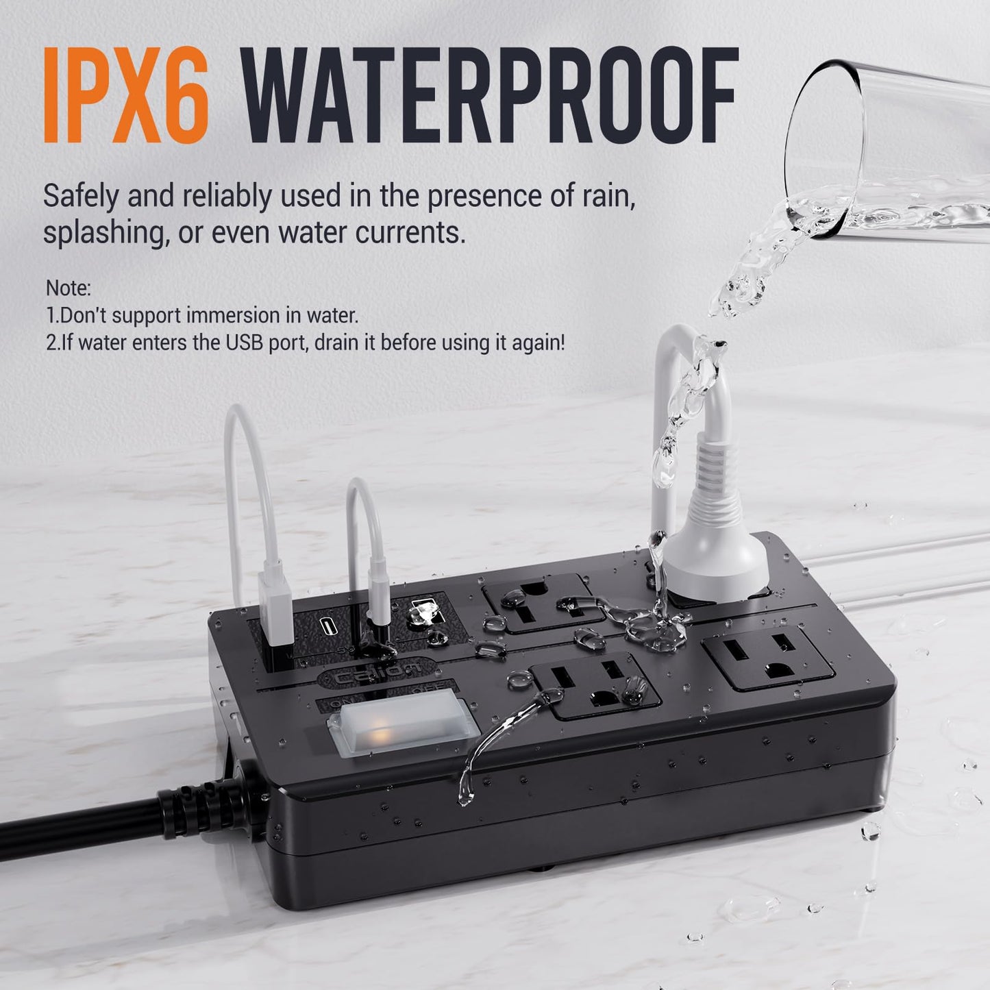 15FT Outdoor Waterproof Power Strip Surge Protector with 4AC Outlets 4USB Ports Power Switch Safety Lock, ETL Certified for Patio Garden Charging