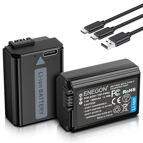 ENEGON NP-FW50 2-in-1 USB-C Direct Charging Replacement Batteries 1500mAh (2-Pack) for Sony NEX 3/5/7, A7, A7II, A7SII/R/RII/ZV-E10, A6000, A6300