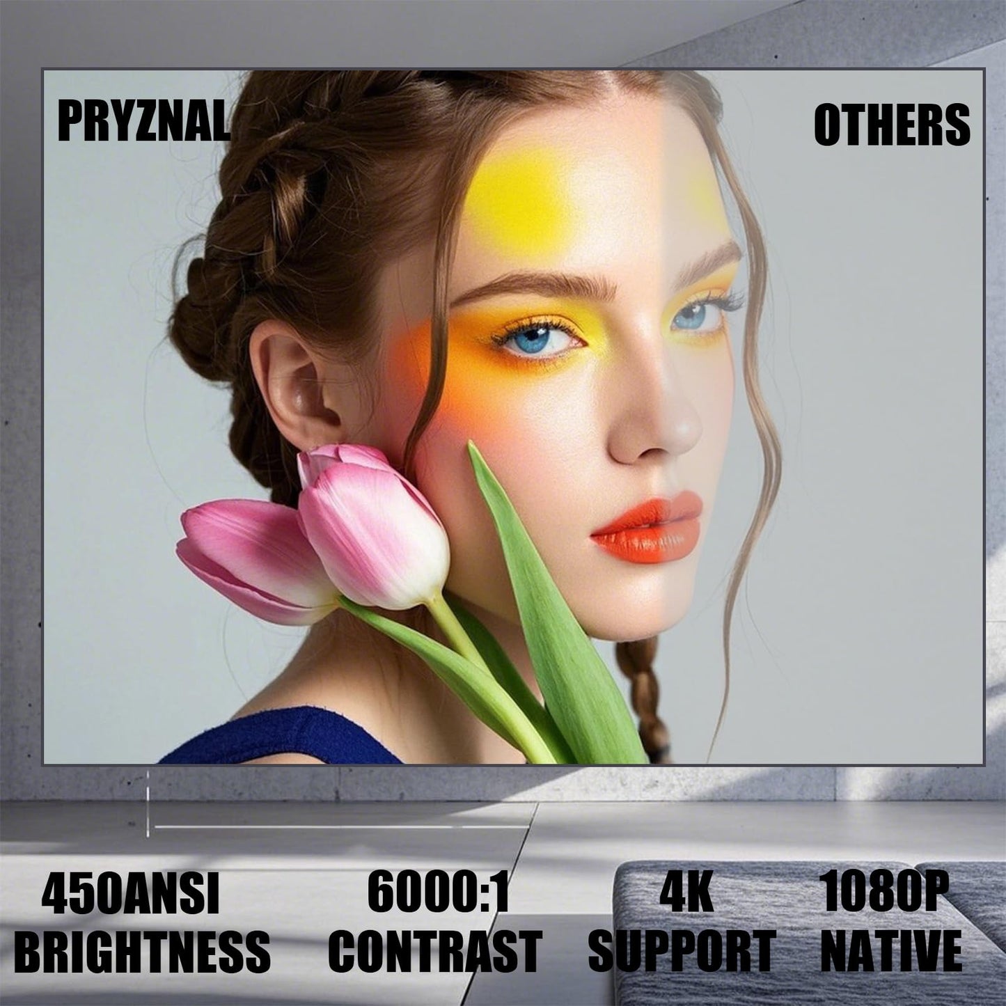 Pryznal Smart WiFi Projector 4K 1080P Home Theater, 450 ANSI, Auto Keystone, 270° Rotation, Built-in Apps and Speaker, Bluetooth Projector