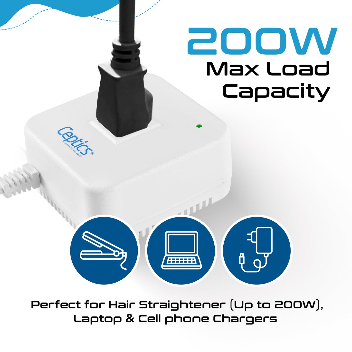 Ceptics 200-Watt Voltage Converter - Step Down - 220v to 110v / 240v to 120v Travel Power Converter - for Hair Straightener, Laptops and Chargers, CE…
