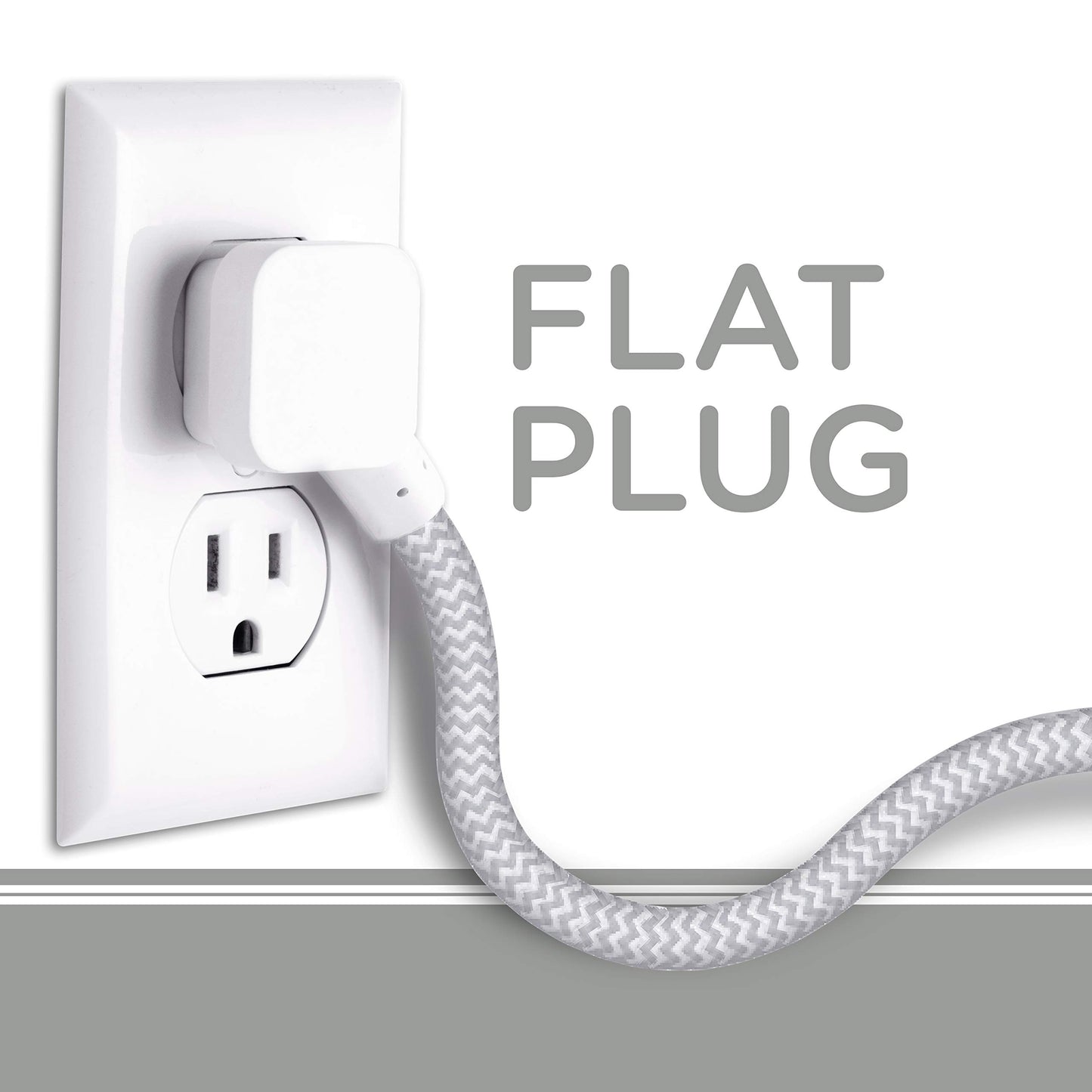 Cordinate Surge Protector Power Strip, 2 Outlet 10 Ft Braided Cord Power Strip with USB Ports, 3-Prong Flat Plug, White, 41691