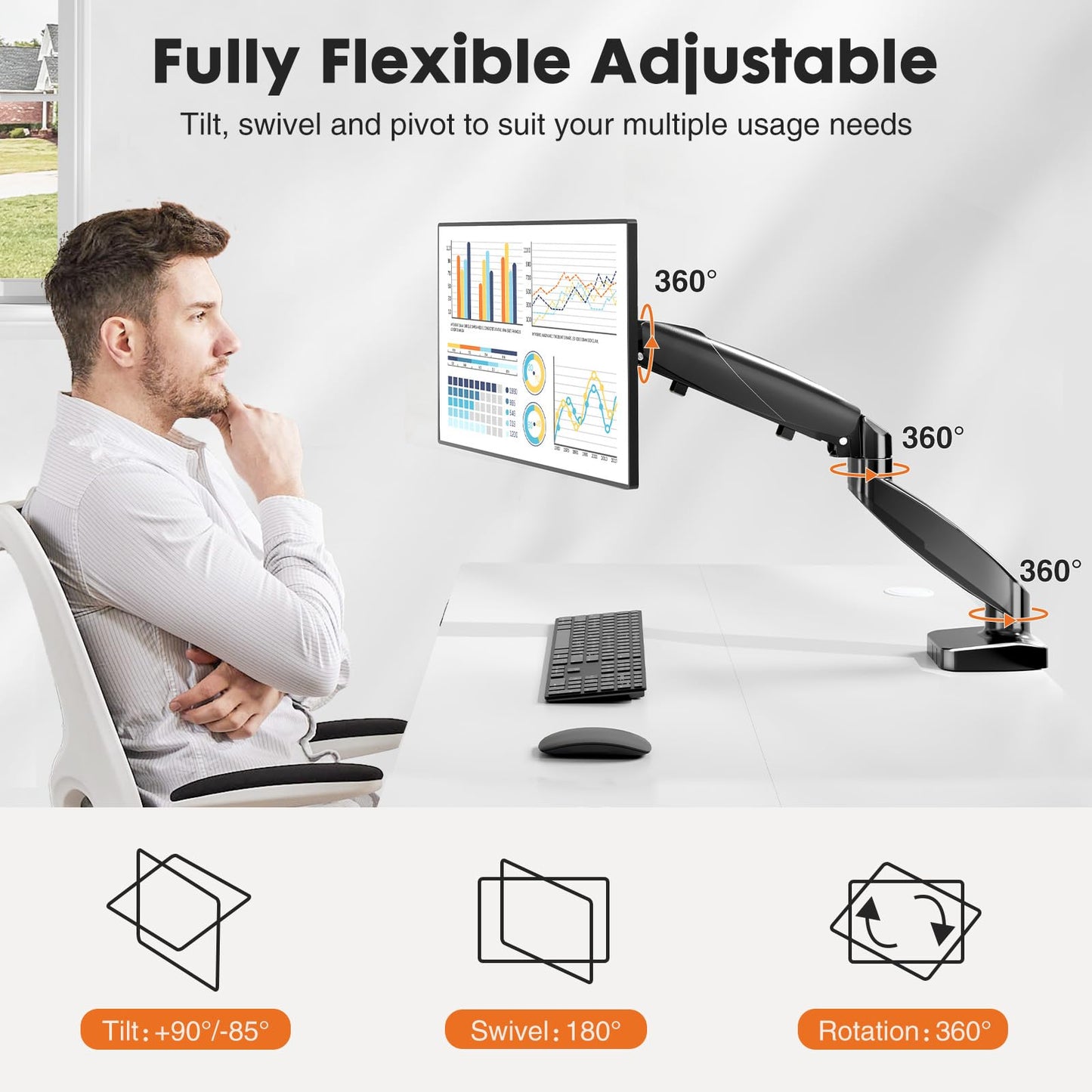 GlasFlength Single Monitor Arm for Desk Mount, Portable Computer Monitor Mount, Fully Adjustable Monitor Stand Fits 15-27 Inch Monitors, Weight