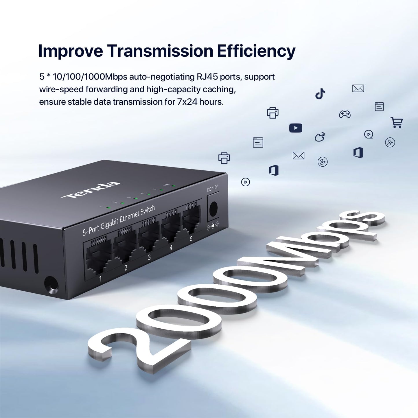 Tenda TEG1005D 5 Port Gigabit Switch, Unmanaged Ethernet Switch, Network Splitter with Traffic Optimization, Plug & Play, Fanless Metal Design Network