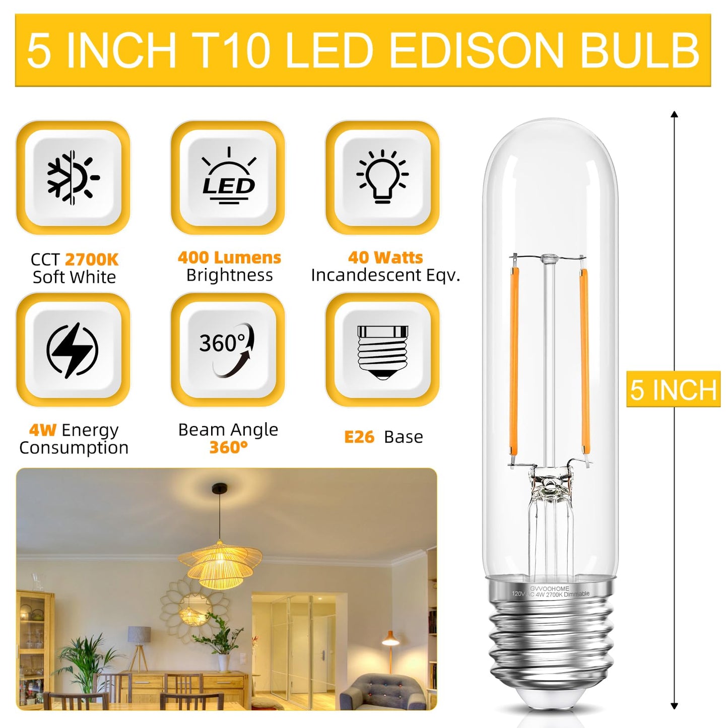 GvvooHome Dimmable Edison Tubular LED Bulb, E26 LED Bulbs 40W Equivalent