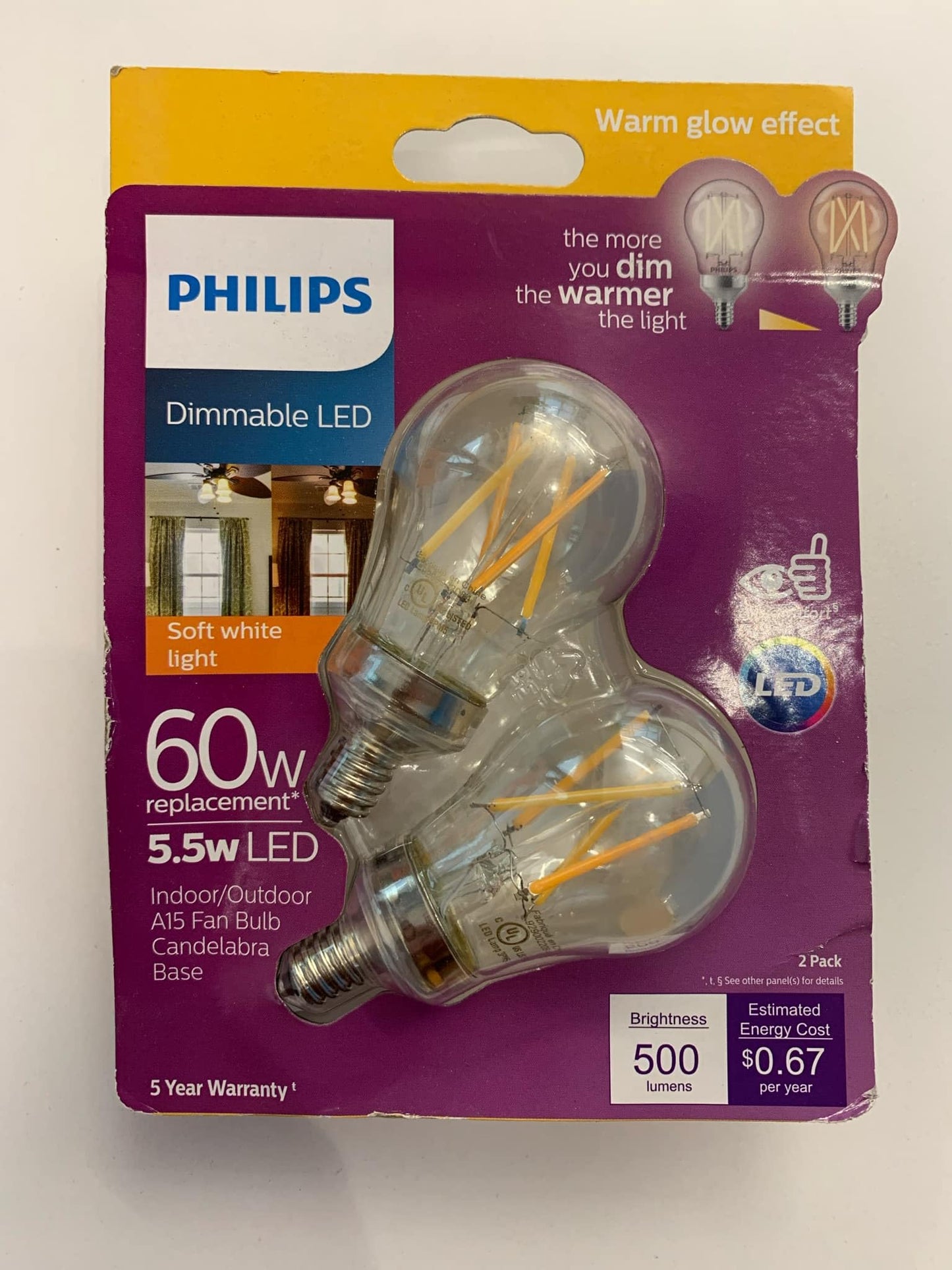Philips LED Clear Dimmable, Warm Glow Effect A15 Light Bulb - Pack of 2 - EyeComfort Flicker Free - 5.5W=60W - 500 Lumen - Soft White (2700K) - E12