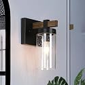 GEPOW Sconces Wall Lighting, 1-Light Black and Faux Wood Wall Sconce Light, Modern Bedroom Bathroom Wall Sconces Indoor with Seeded Glass Shade