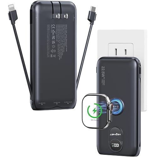 Portable Charger, 10000mAh 22.5W Power Bank Fast Charging with Wall Plug, Built-in Cables, LED Display, Compact Lightweight USB C Travel Battery Pack