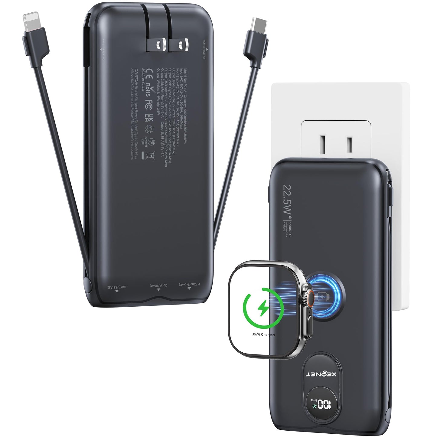 Portable Charger, 10000mAh 22.5W Power Bank Fast Charging with Wall Plug, Built-in Cables, LED Display, Compact Lightweight USB C Travel Battery Pack