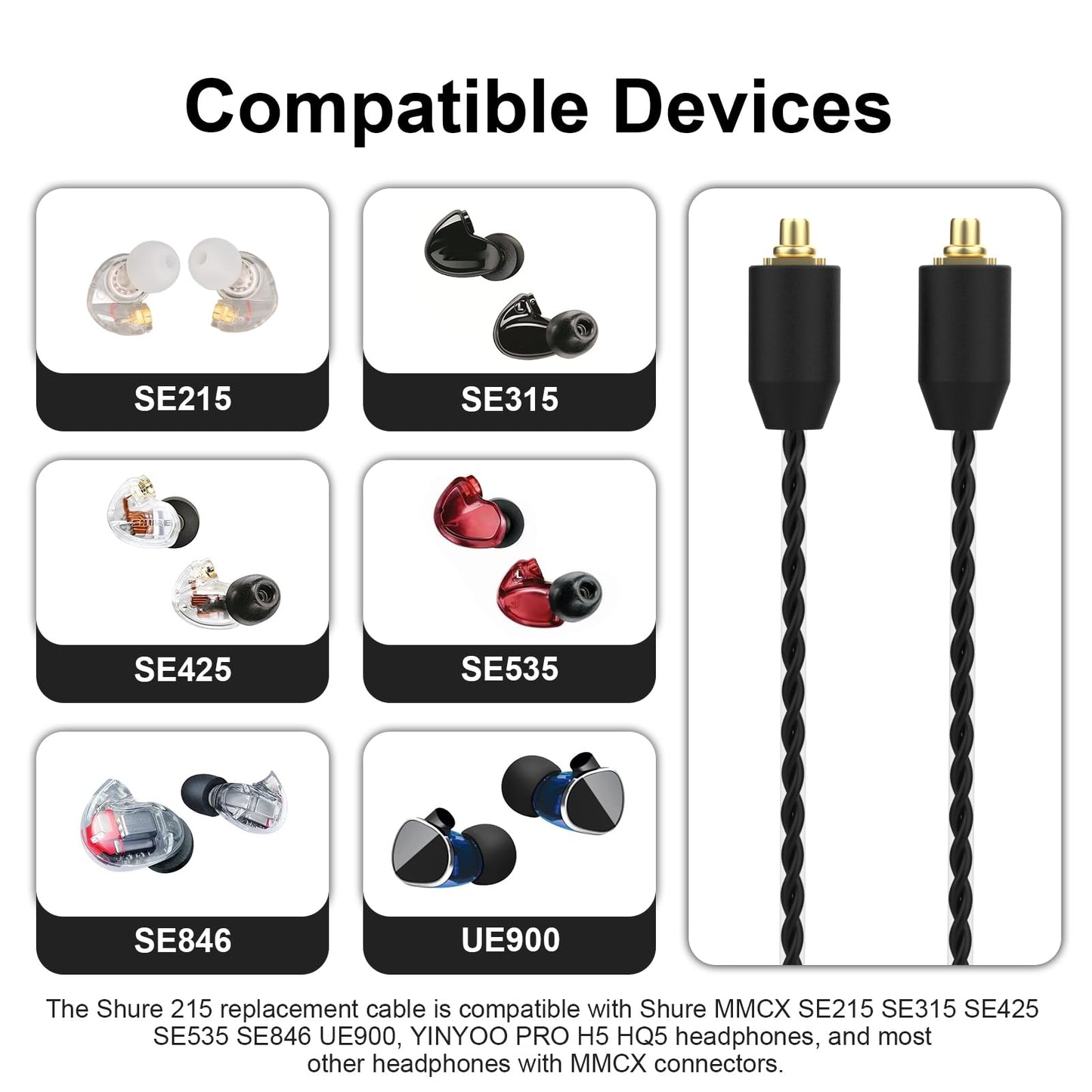 SE215 Cable Compatible with Shure SE215, SE215 PRO, SE315, SE425, SE425 PRO, SE535, SE846, AONIC 3, AONIC 4, AONIC 5 Earphone, MMCX Cable 3.5mm, 4ft