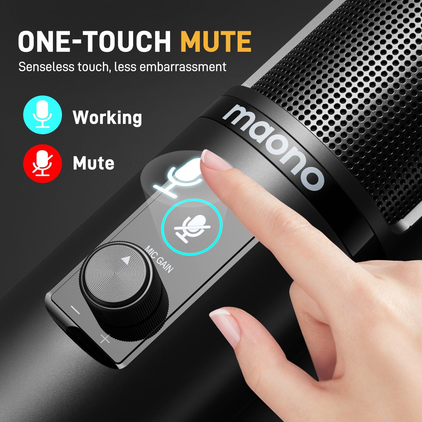 MAONO USB Recording Microphone Kit, Professional Condenser Microphone for PC with One-Touch Mute and Mic Gain Knob for Singing, Podcast, Studio