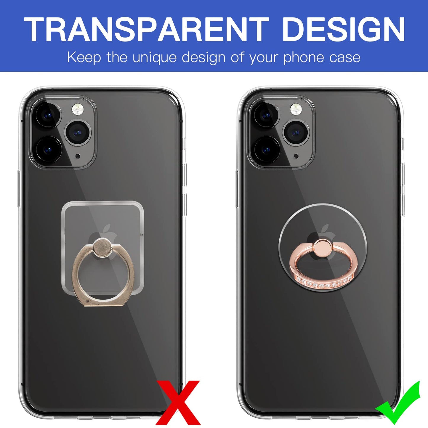 YINHEXI 2 Pcs Transparent Phone Ring Stand Holder Cell Phone Ring Holder Finger Grip 360 Degree Rotation (Rose Gold & Diamond-1)