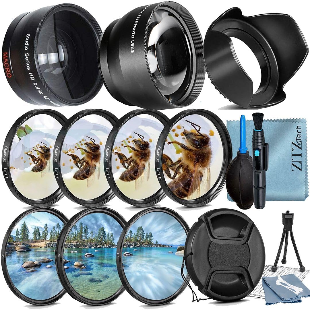 ZeeTech 49mm Accessory Bundle for Canon EOS: R50, R100, M5, M6 Mark II, M6, R10, R7 + Wide Angle + Telephoto Lens + 4 Pieces Close-Up Lens Filter Kit