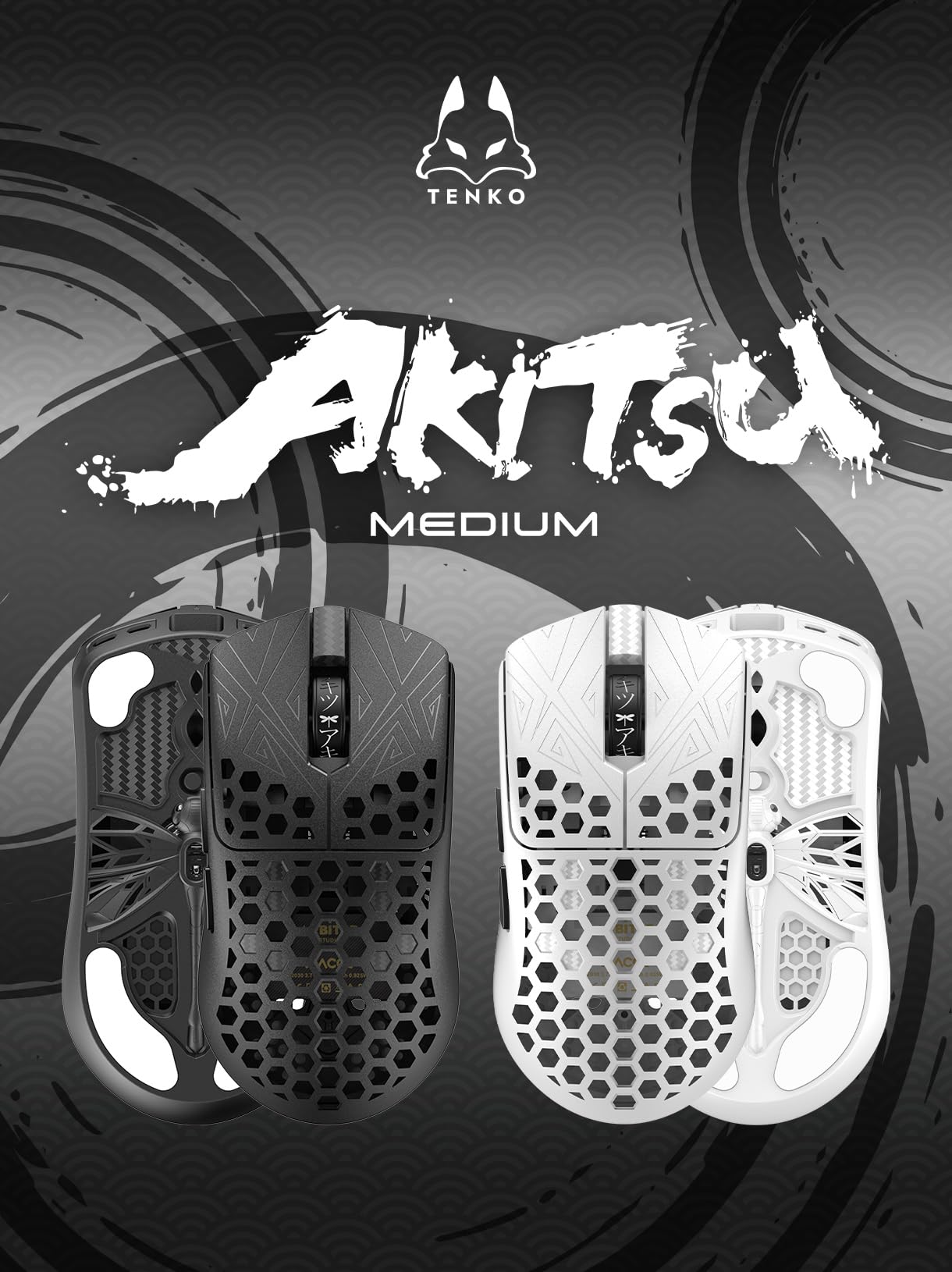 Tenko ARBITER Akitsu Medium Carbon Fiber Gaming Mouse - Ultra-Light 40g, Wireless 8K Polling, 30K DPI, PIXART 3950 Sensor, 60Hr Battery, LCD Receiver