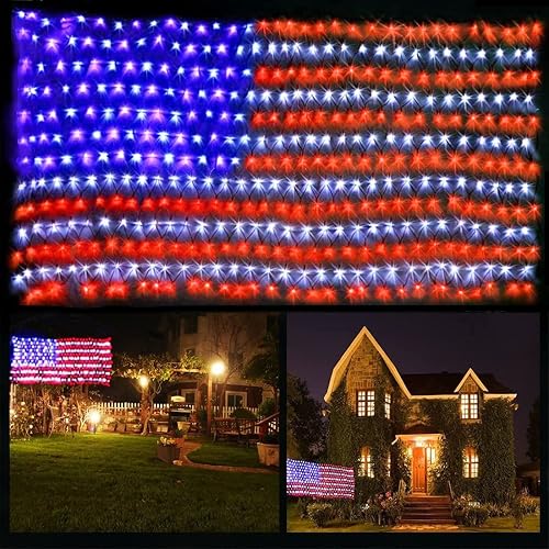 FUNIAO (New) American Flag Lights, 420 LED USA Flag, Outdoor Waterproof Patriotic Lights Hanging Ornaments for Memorial Day, 4th of July, Labor Day