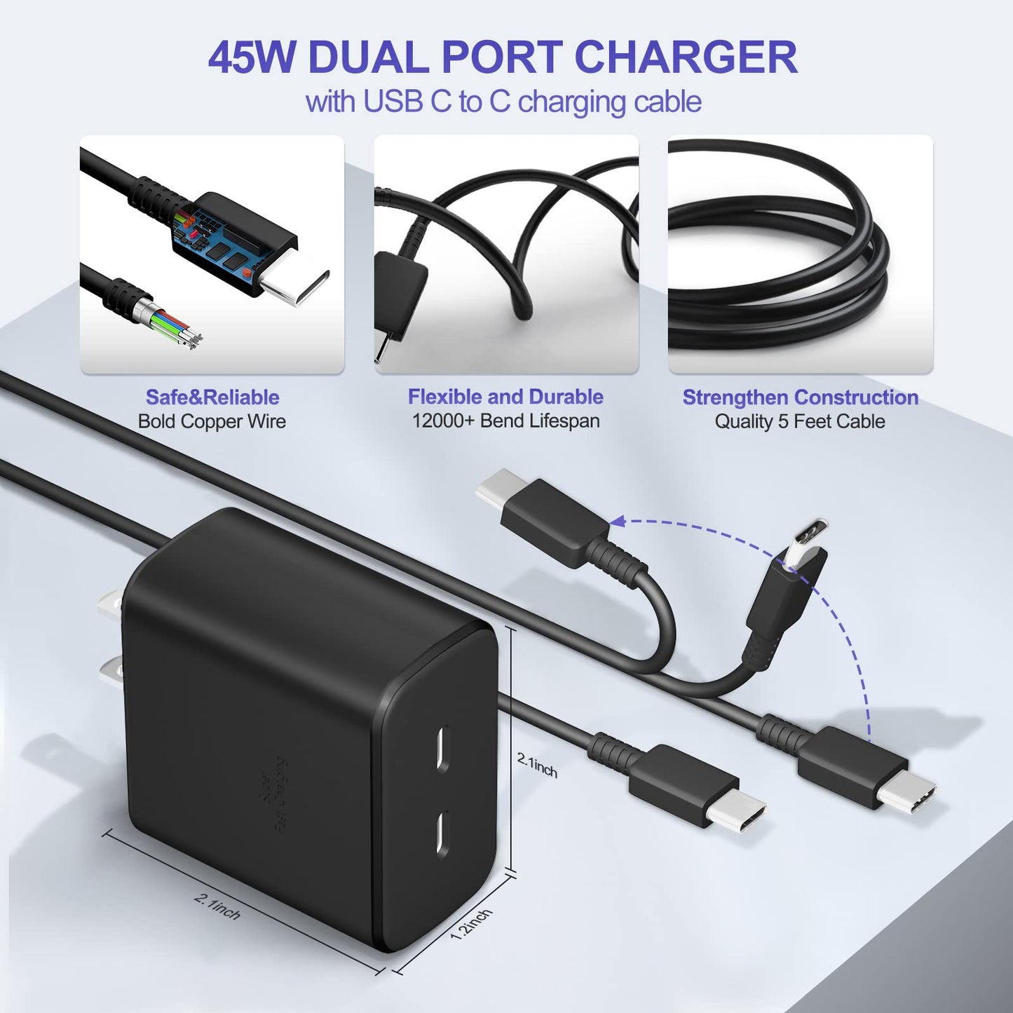 45W USB C Dual Port Super Fast Charger for Samsung Galaxy S25/S25 Ultra/S25+/S24 Ultra/S24/S24+/S23/S22/iphone 17
