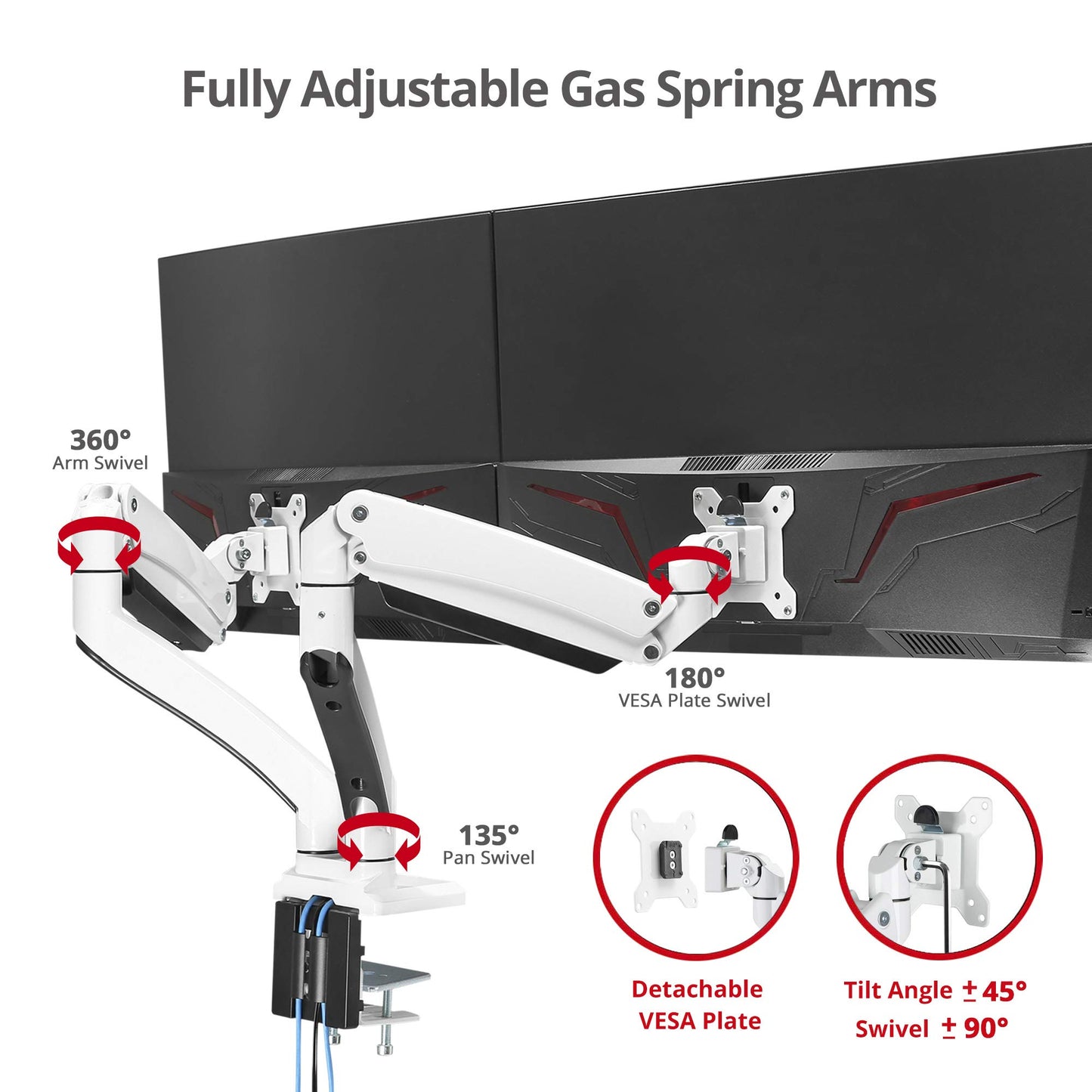SIIG Dual Monitor Desk Mount, 17" to 35", USB 3.0 and Audio Extend Ports, Fits Two Flat/Curved Monitors, Load Bearing 33 lbs max Each, VESA 75x75