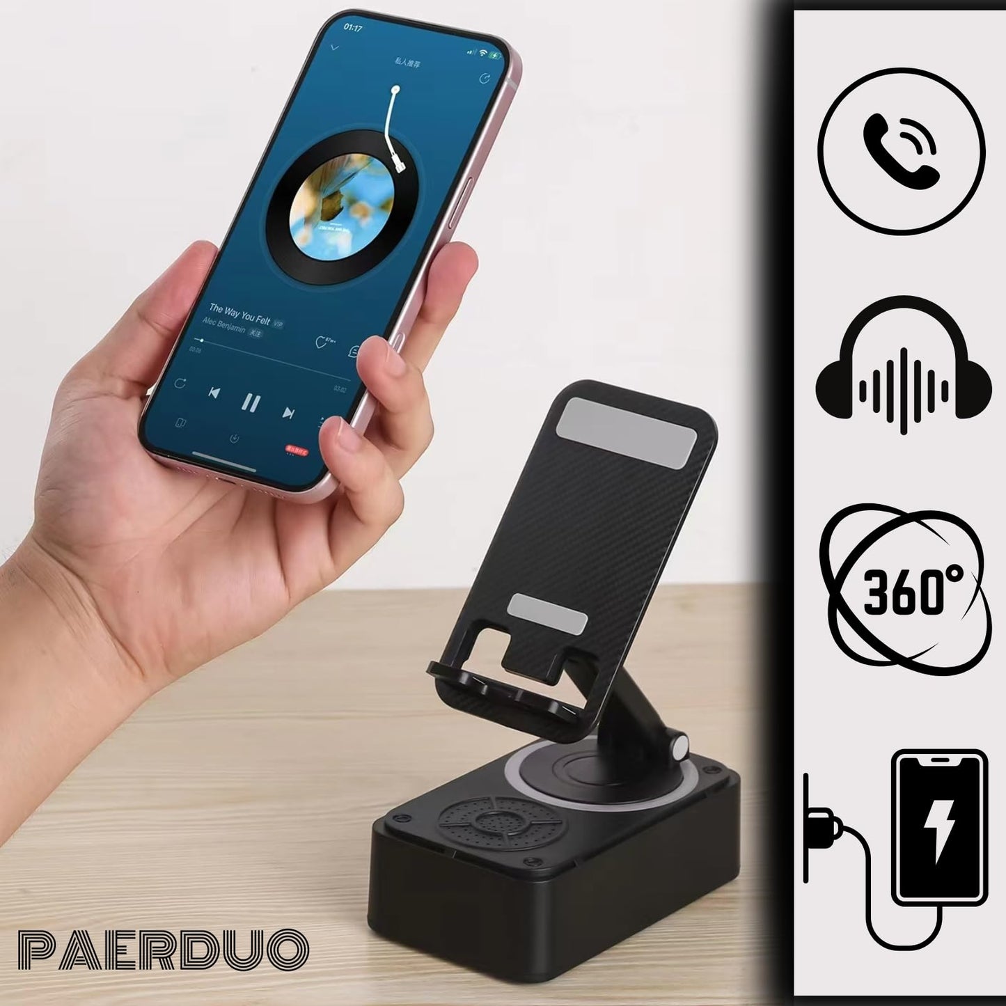 Cell Phone Stand with Wireless Bluetooth Speaker Equipped with Non-Slip Base and Convenient Charging Port with HD Surround Sound, Suitable for Home