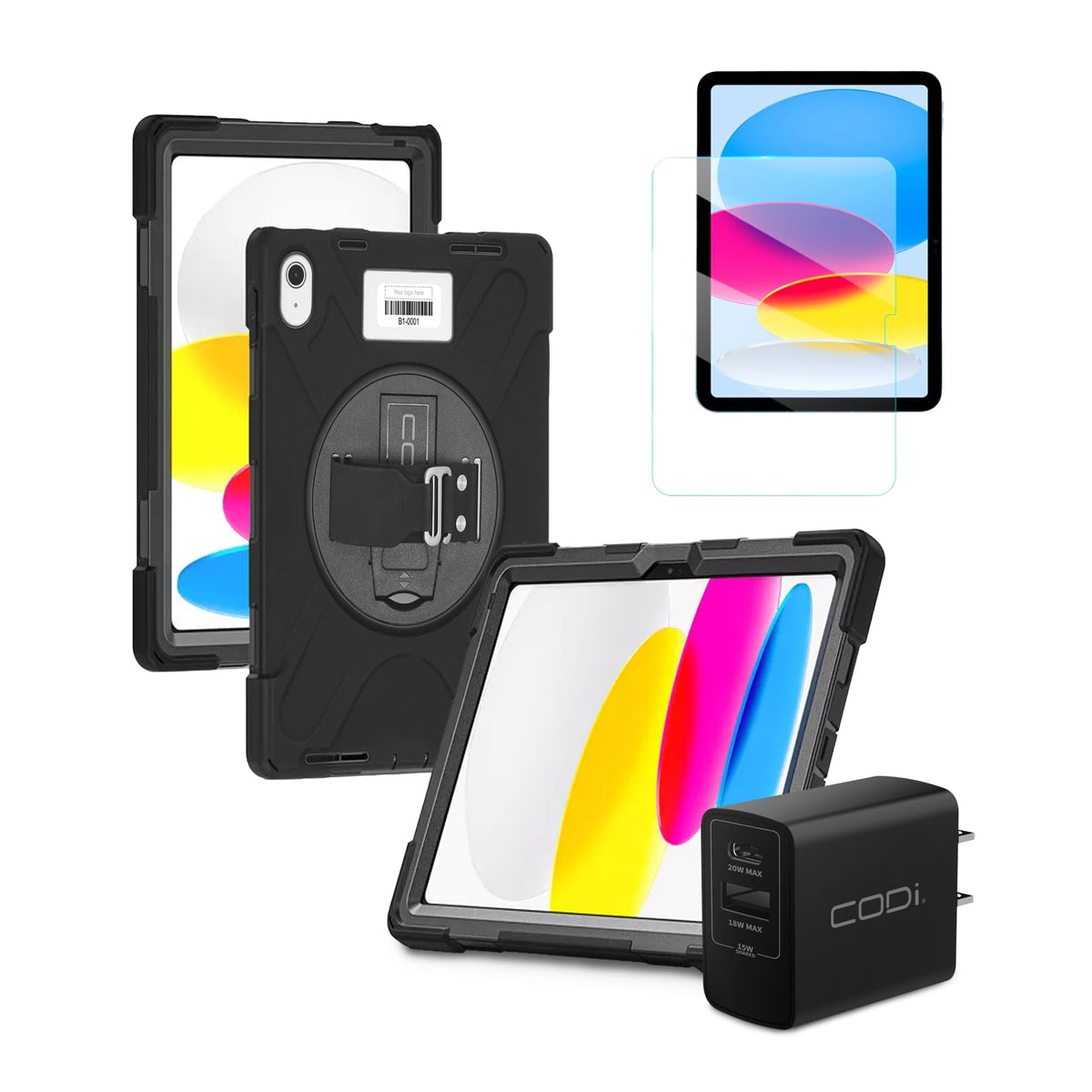 CODi - iPad Essentials Bundle - Rugged Case11 (A16)/ 10.9" (10th Generation) + Tempered Glass Screen Protector + 20W Dual Port Charger | Heavy-Duty