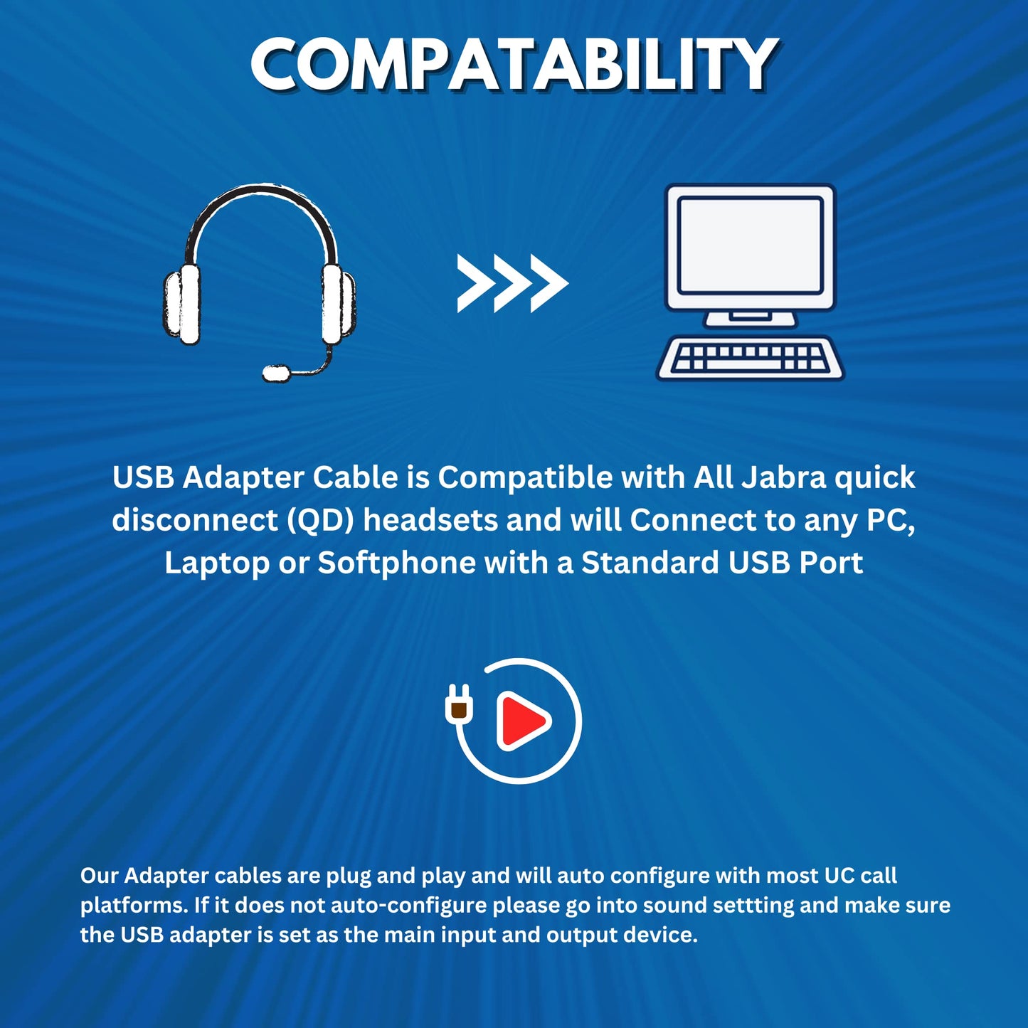 TruVoice USB Adapter Compatible with Any Jabra Quick Disconnect (QD) Wired Headset and Includes Volume Control and Mute Functionality (Connects
