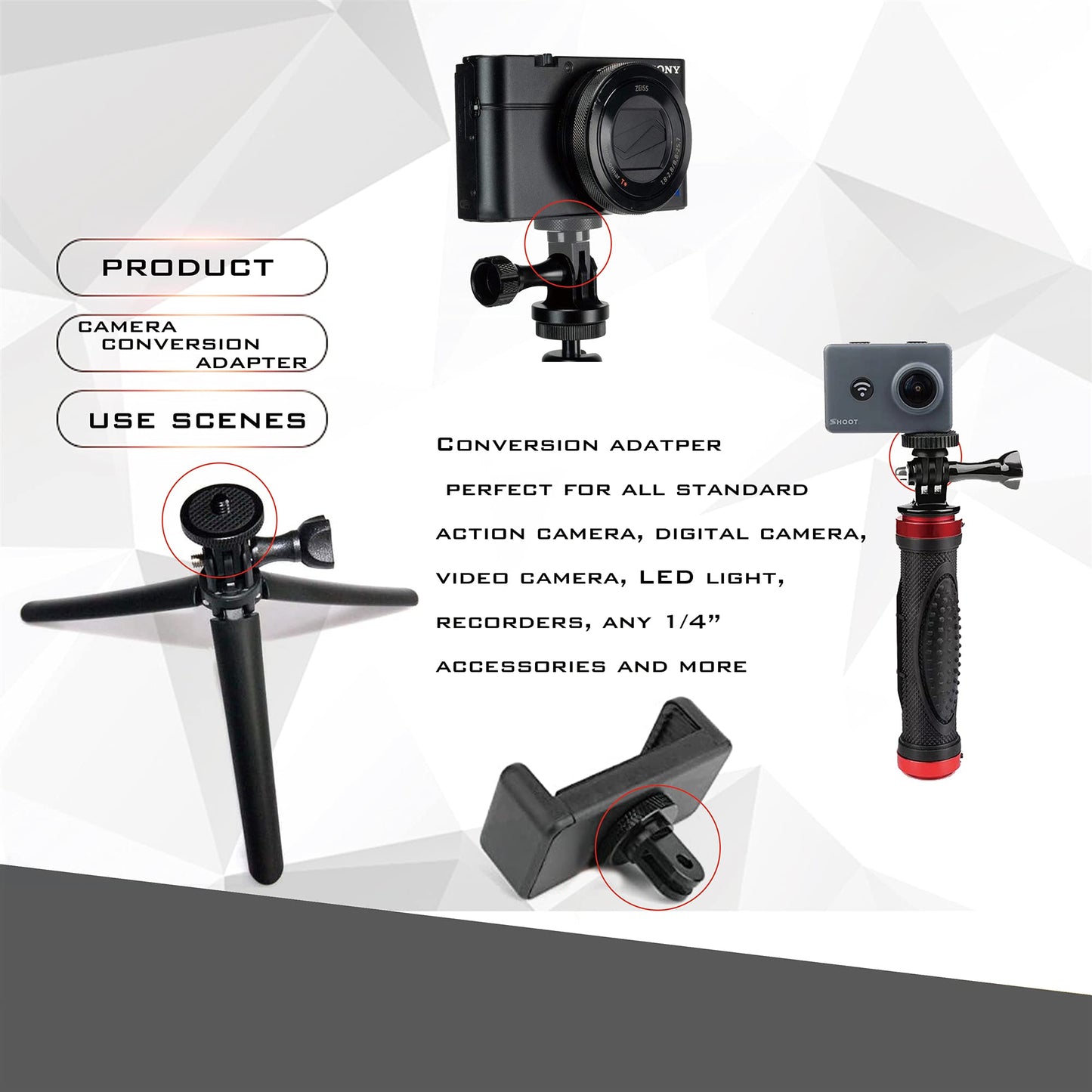 Niewalda Aluminum Camera Tripod Mount Adapter,2pcs ¼-20 Conversion Adapter for Tripod, Suitable for GoPro Hero/Sony/ Insta360 X3/ Sjcam/Action Camera