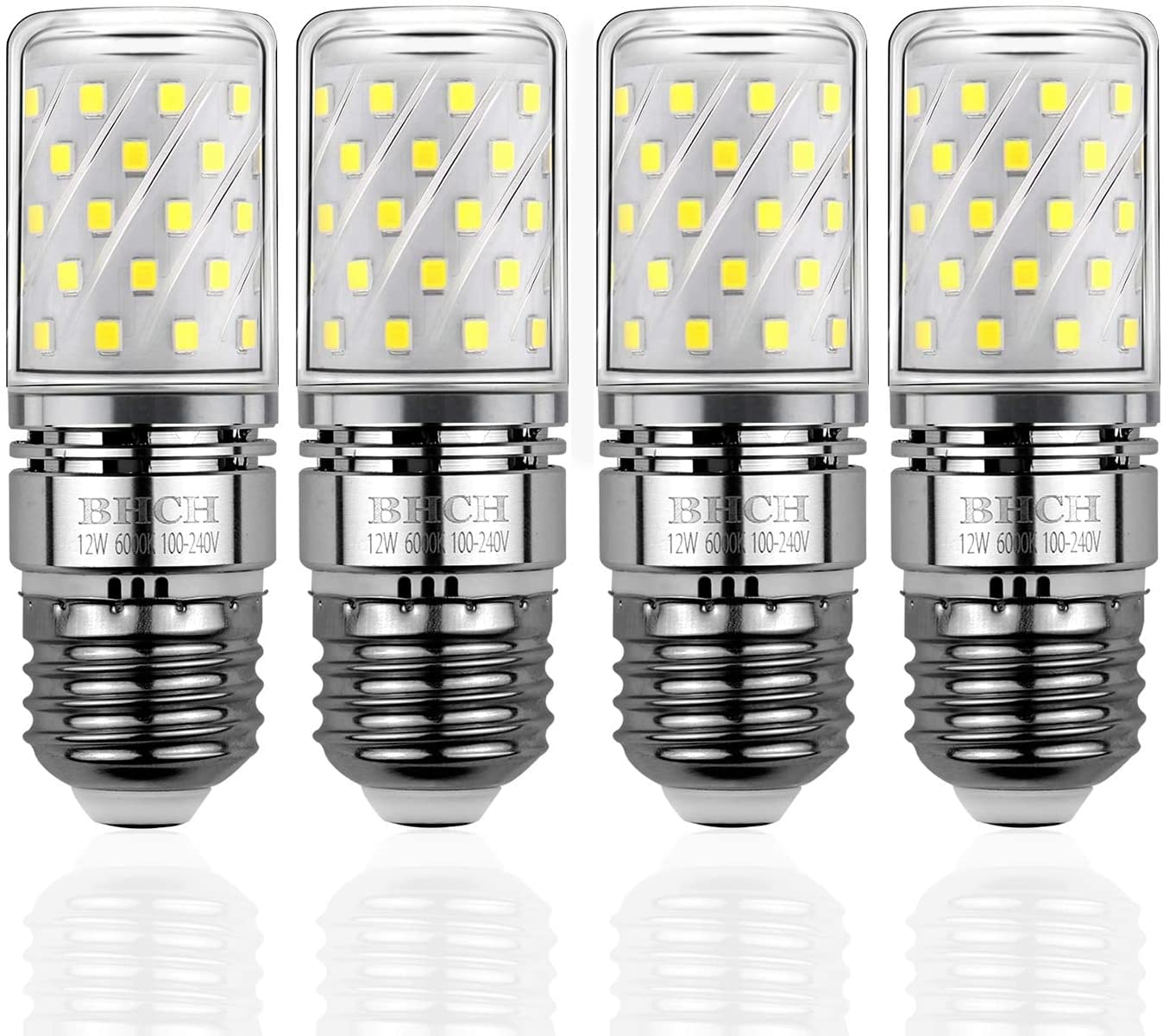 BHCH E26 LED Corn Bulbs, 12W, 6000K Daylight White, 1200LM, Edison Screw Base, 100W Incandescent Equivalent, Pack of 4