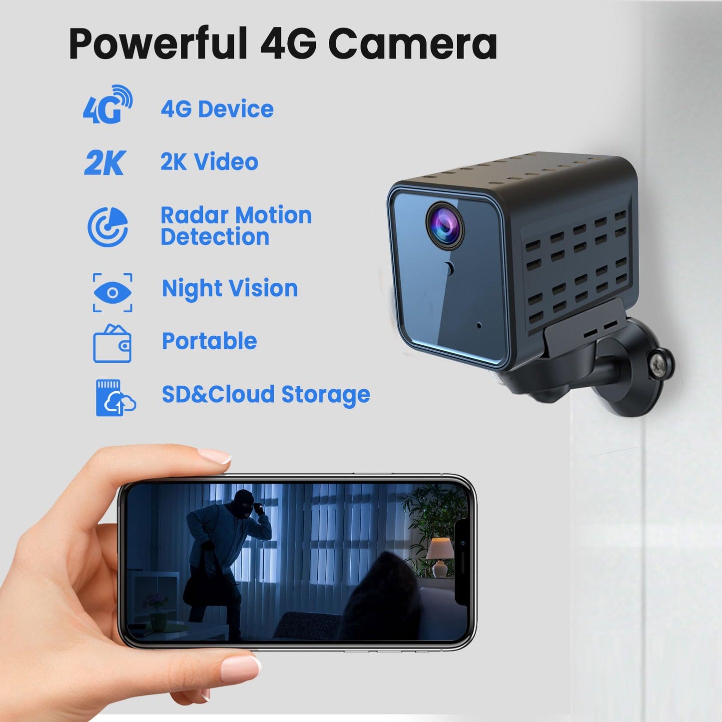 javiscam 4K Cellular Security Camera, No WiFi Camera SIM Card Included, Not Support WiFi, Radar Motion Sensor, FHD 4G Car Security Camera, 20-Day