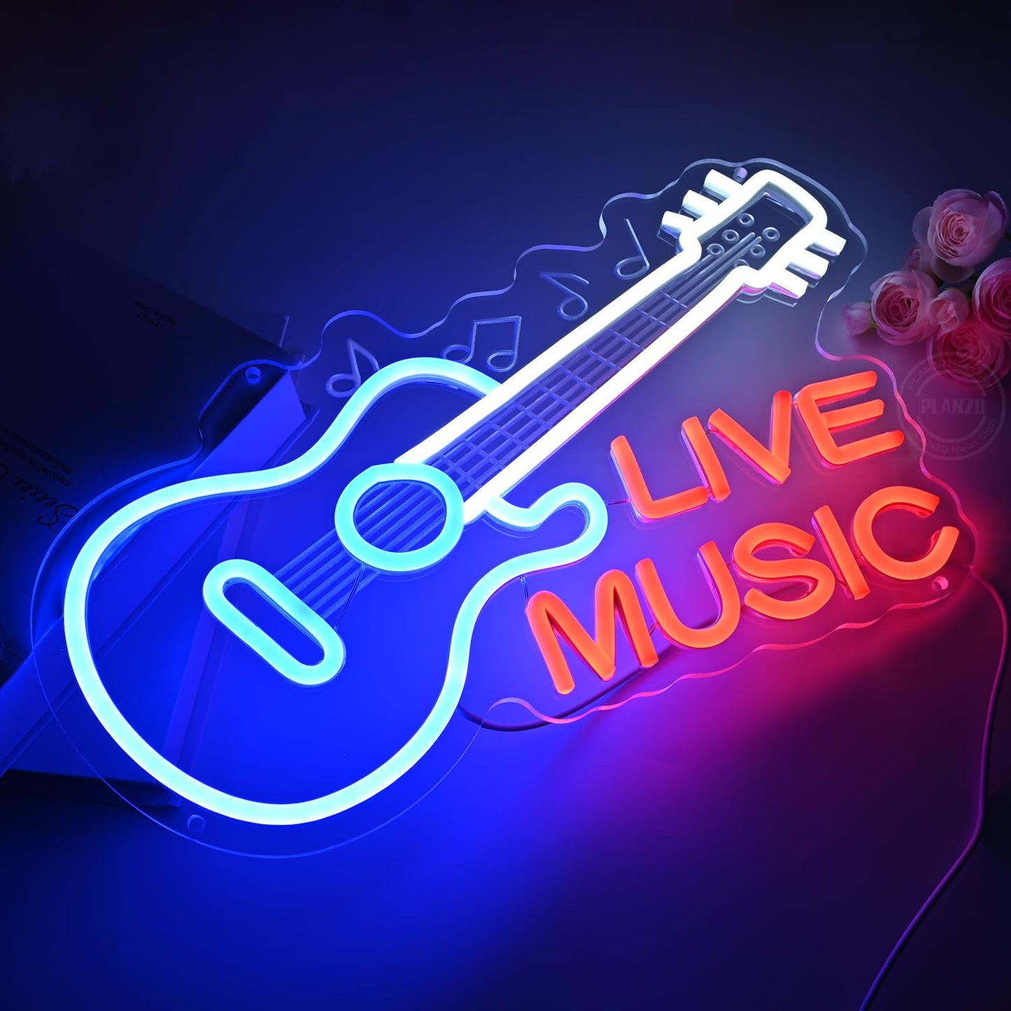 Planzo Guitar Neon Sign Live Music LED Neon Light Wall Decor for Music Room Record Studio Nightclub Beer Bar Business Store Sign Birthday Christmas