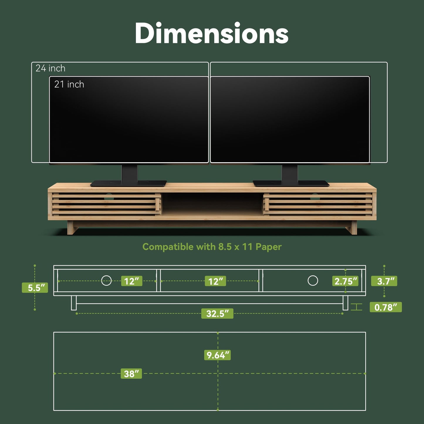 WELL WENG Dual Monitor Stand Riser with Sliding Door, Double Computer Laptop Stand Desk Shelf Organizer with Storage for 2 Monitors (Natural Bamboo