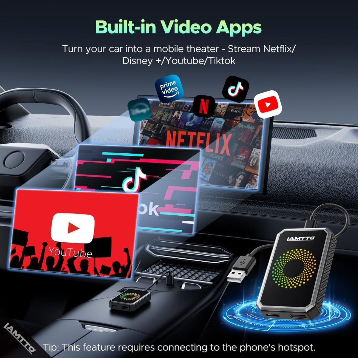 LAMTTO Wireless Carplay Adapter for Streaming Net-Flix/YouTube/TikTok