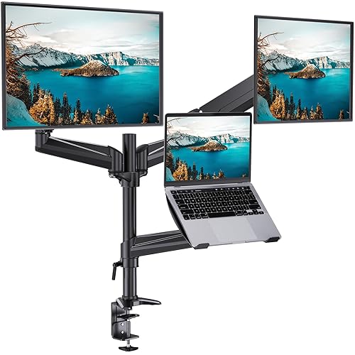HUANUO Dual Monitor and Laptop Mount for Max 32” Monitor and 17” Laptop, Adjustable Arm with Tilt, Swivel and Rotation, Dual Monitor and Notebook