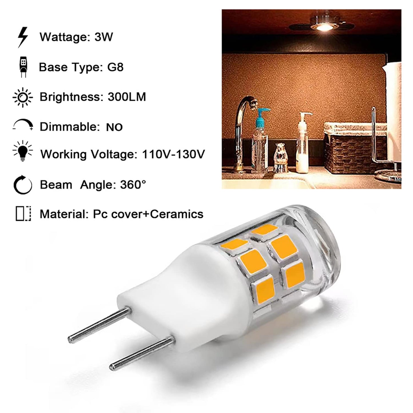 SSQY G8 LED Bulb 3W Equivalent to G8 Halogen Bulb 20W-25W, T4 JCD Type Bi-Pin G8 Base, AC 120V G8 Bulb Warm White 3000K for Under Cabinet Light, Under