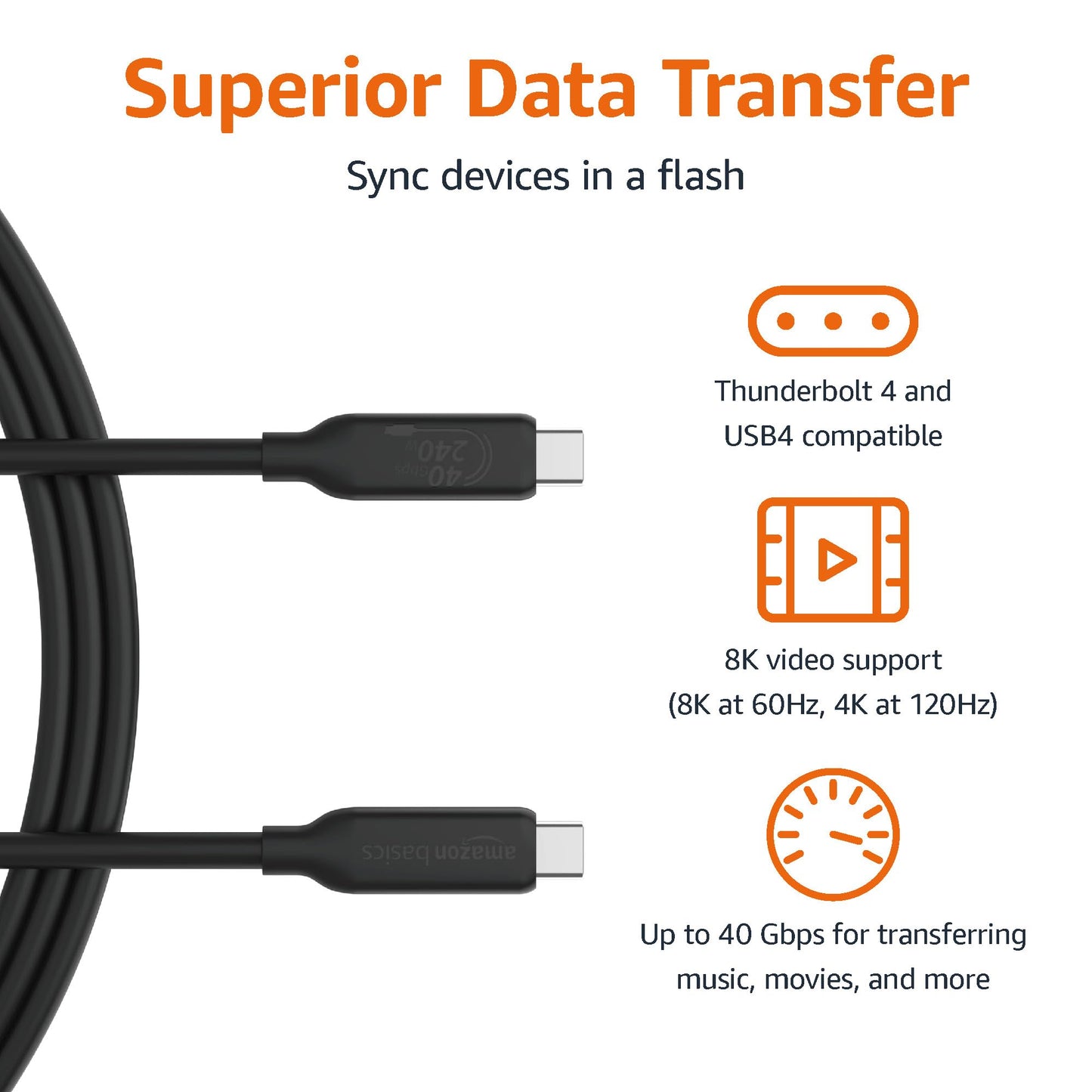 Amazon Basics USB-C to USB-C 4 Fast Charger Cable, 40 Gbps, 8K Video, 240W, USB-IF Cert, Thunderbolt 4/3 Compatible, for Apple iPhone 16/15, iPad