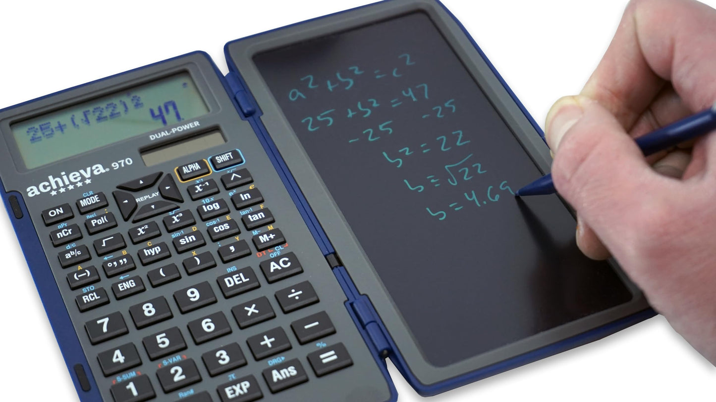 Achieva Scientific Calculator with Erasable LCD Writing Tablet | 2-Line Display | Dual Solar & Battery Power | for Students in Middle School, High