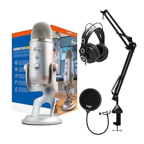 Blue Microphones Yeti USB Microphone Bundle with Desktop Boom Arm Stand, TX-100 Closed-Back Studio Monitor Headphones, and Pop Filter (4 Items)