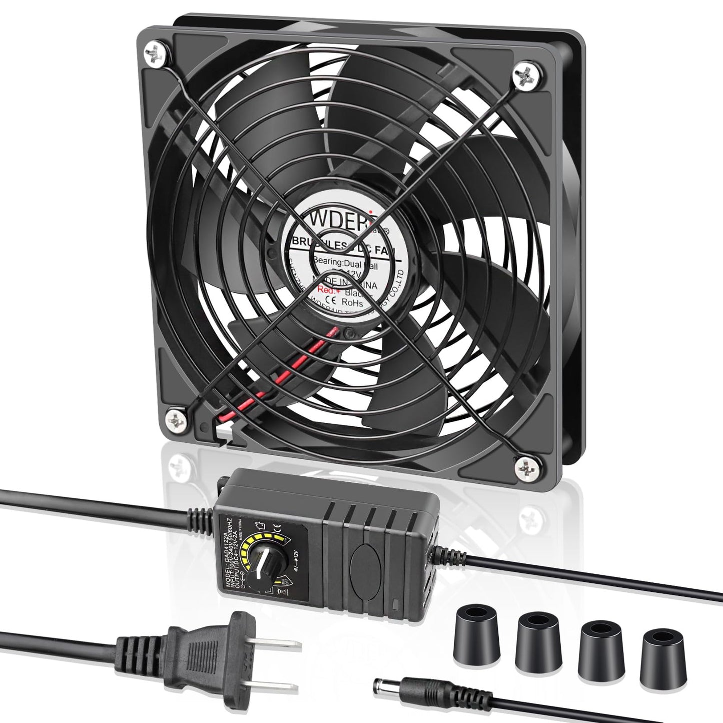 WDERAIR 120mm x 25mm Computer Fan with AC Plug,110V 120V 220V 240V AC to DC 12V Variable Speed for Electronic, PS, Router, Xbox, Greenhouse, Modem